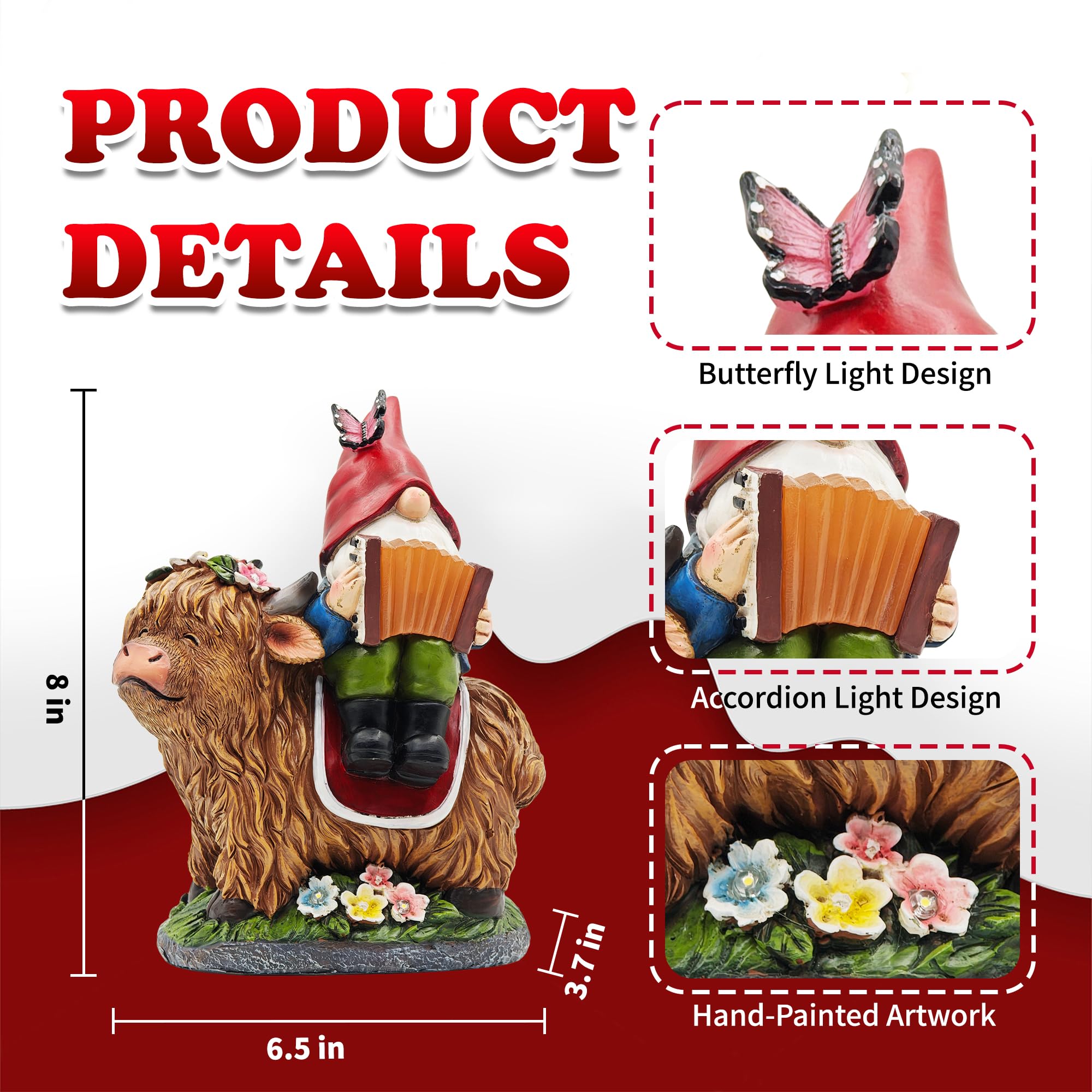 Cffownug Christmas Garden Gnomes Outdoor Statues: 8 Solar Light Gnome Decor On Highland Cow Play The Accordion Unique Birthday Gifts For Women Mother Grandma
