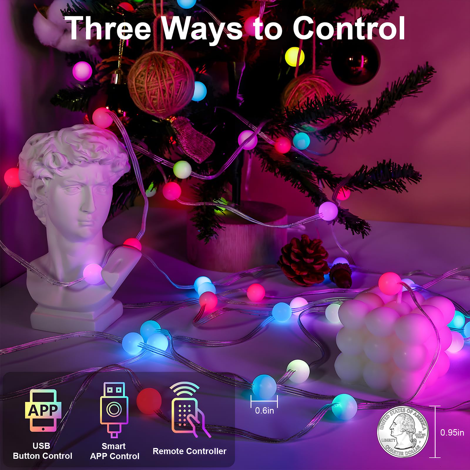 VISDOLL String Lights 16.4FT, 33 LEDs, Smart RGB, Music Sync, Remote & APP Control, Multicolor, USB Powered for Indoor/Outdoor Decor