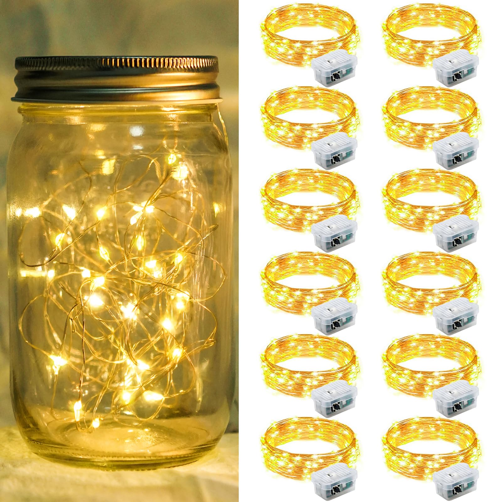 chzk 12 Pack Fairy Lights 7Ft 20 LED Twinkle String Lights Battery Operated Lights Waterproof Firefly Starry Lights Mason Jar Lights for Party Wedding Christmas Valentines Day