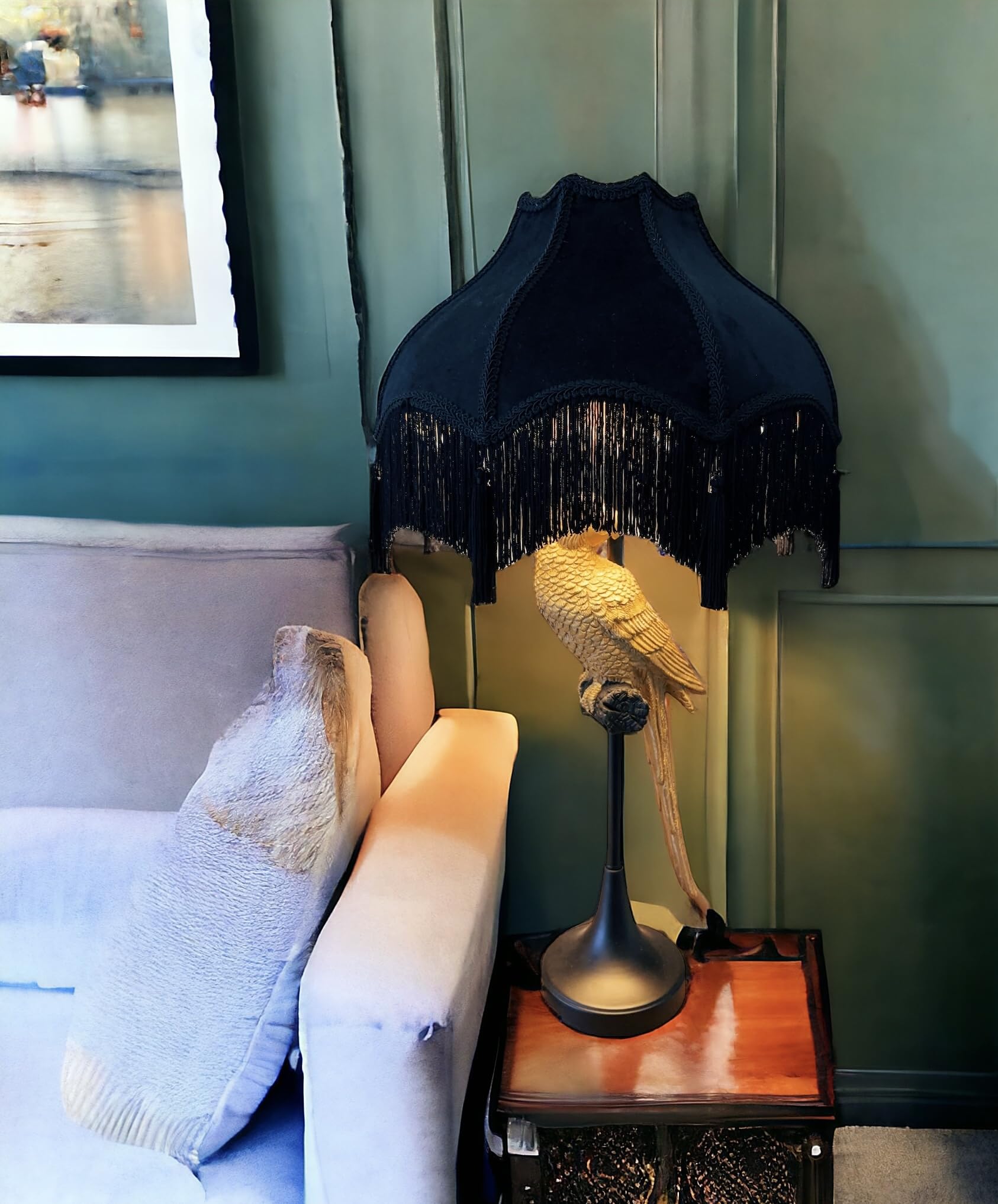 Generic Velvet Lamp Shade - Victorian Style Bell Shape with Tassels, Large, Midnight Black