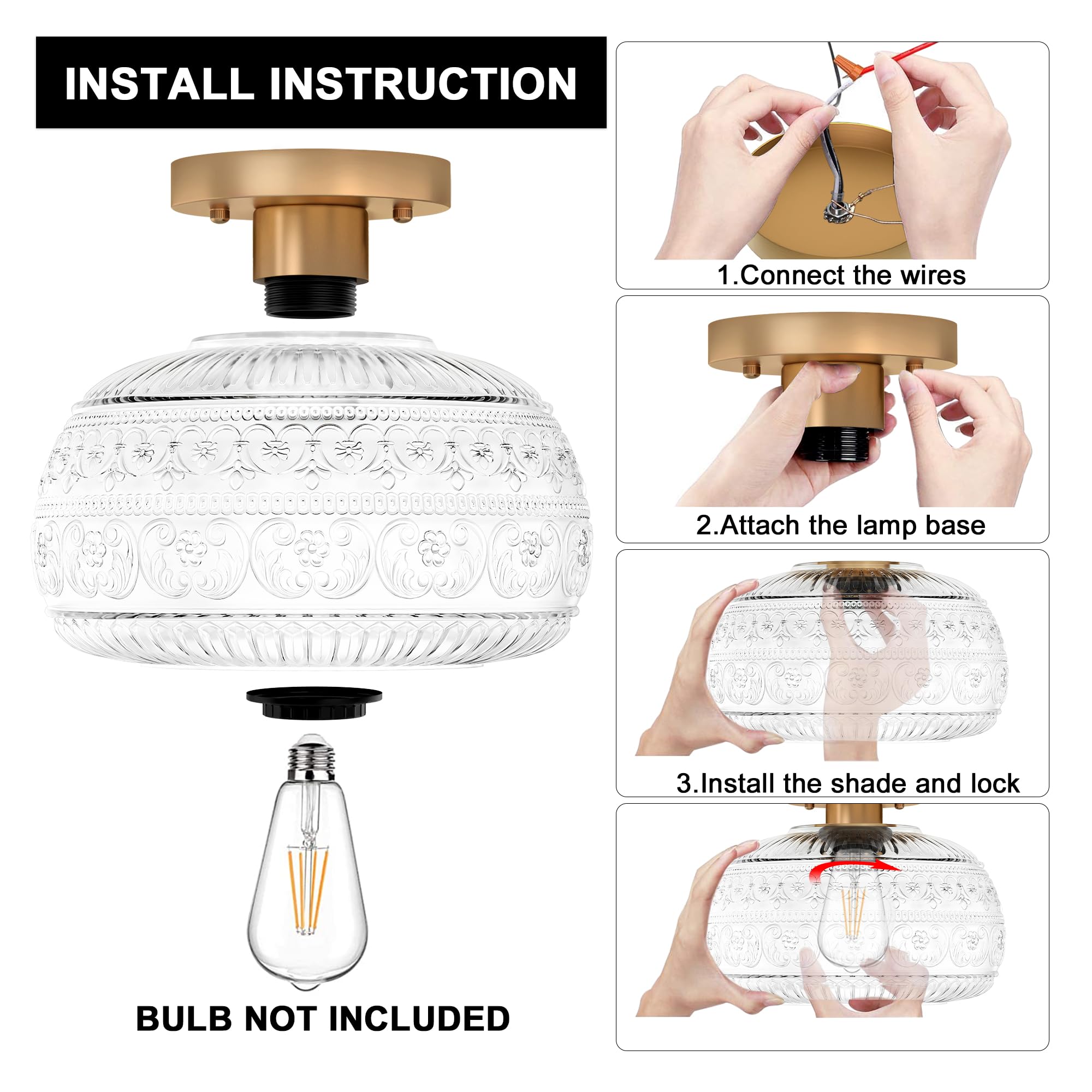 Oykyohei 11&quot; Vintage Gold Semi Flush Mount Ceiling Light, Clear Glass Fixture For Hallway, Kitchen