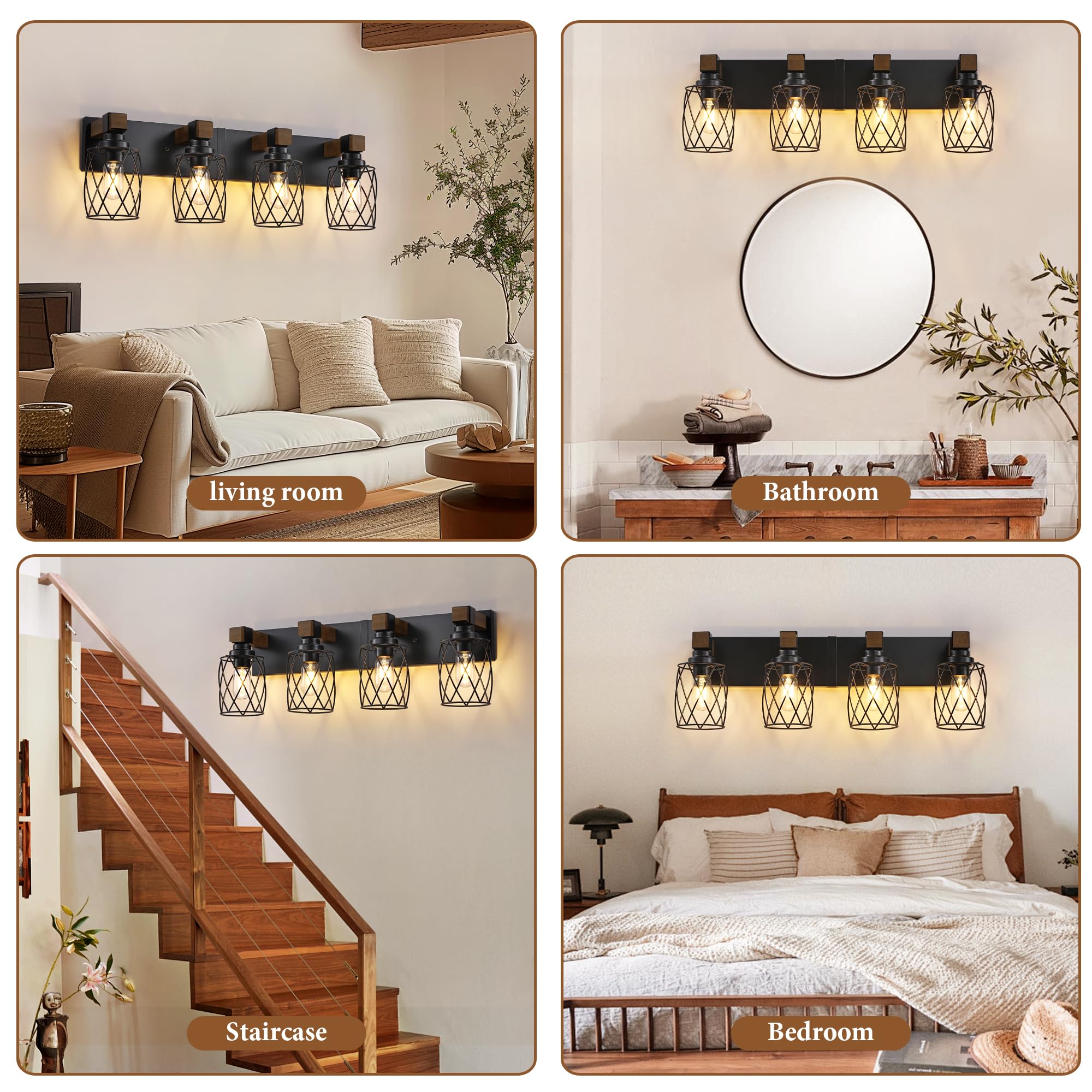 XvmBvm 4-Light Farmhouse Bathroom Vanity Light, Black Metal Fixtures for Rustic Decor, Model X3015-4