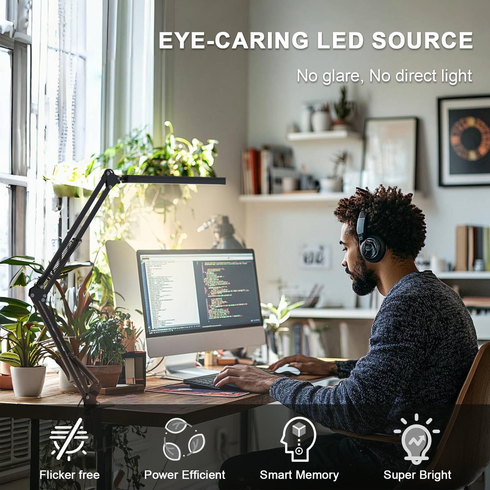 TROPICALTREE LED Desk Lamp, Swing Arm Light with 3 Modes, 10 Brightness Levels, USB Adapter, Black-Aluminum Clip