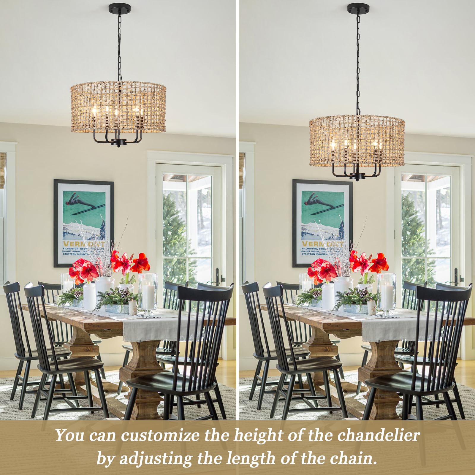 Mrhyswd 18.9 Hand-Woven Rattan Chandelier 5 Lights Farmhouse Boho Chandeliers For Dining Room Light Fixture Drum Wicker Hanging Pendant Lighting For Living Room Kitchen Island Foyer Hallway  E12