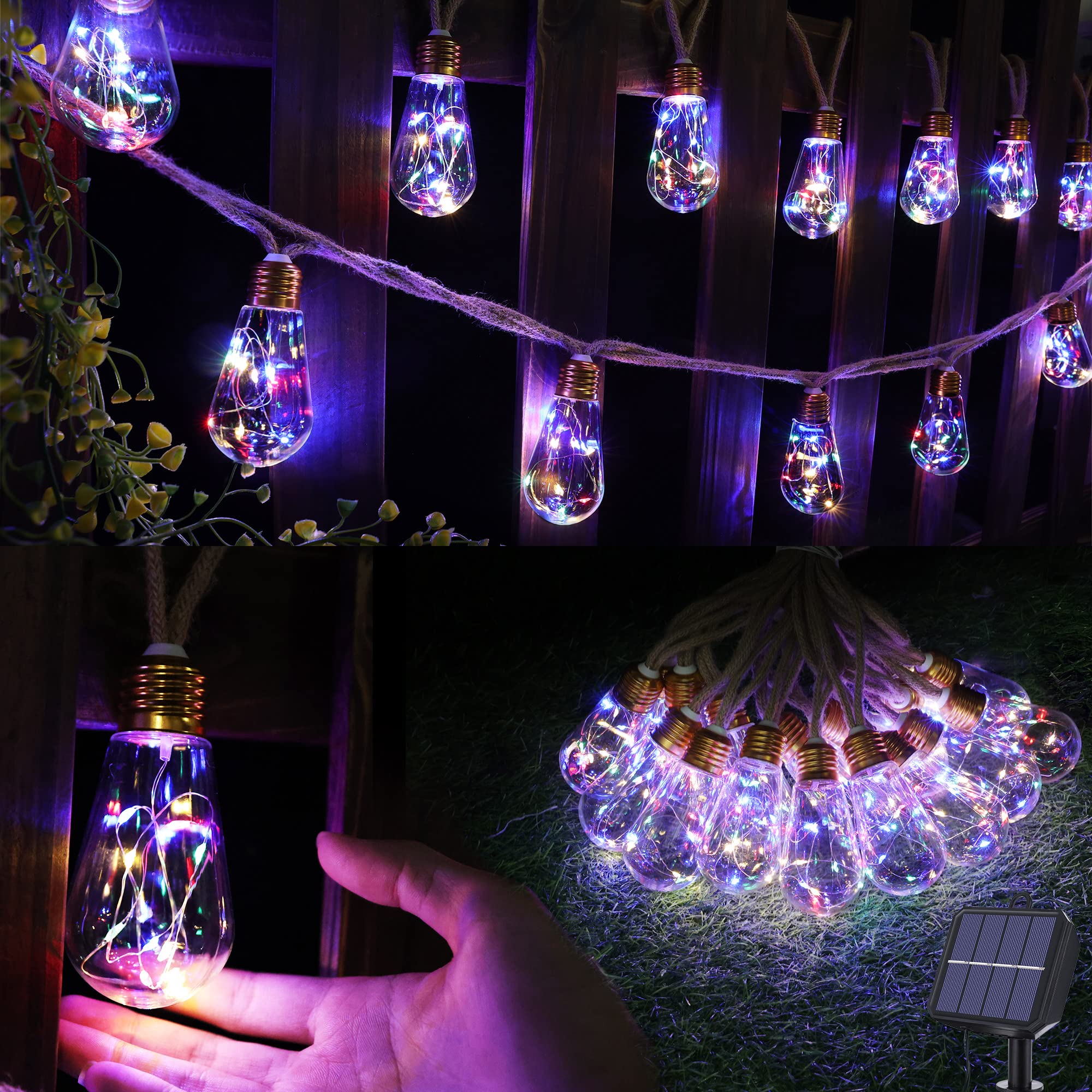 Solar Outdoor String Lights, 2 Pack 20Ft Vintage Rope Hemp Solar Patio Lights, Waterproof Multicolor Solar Powered String Lights