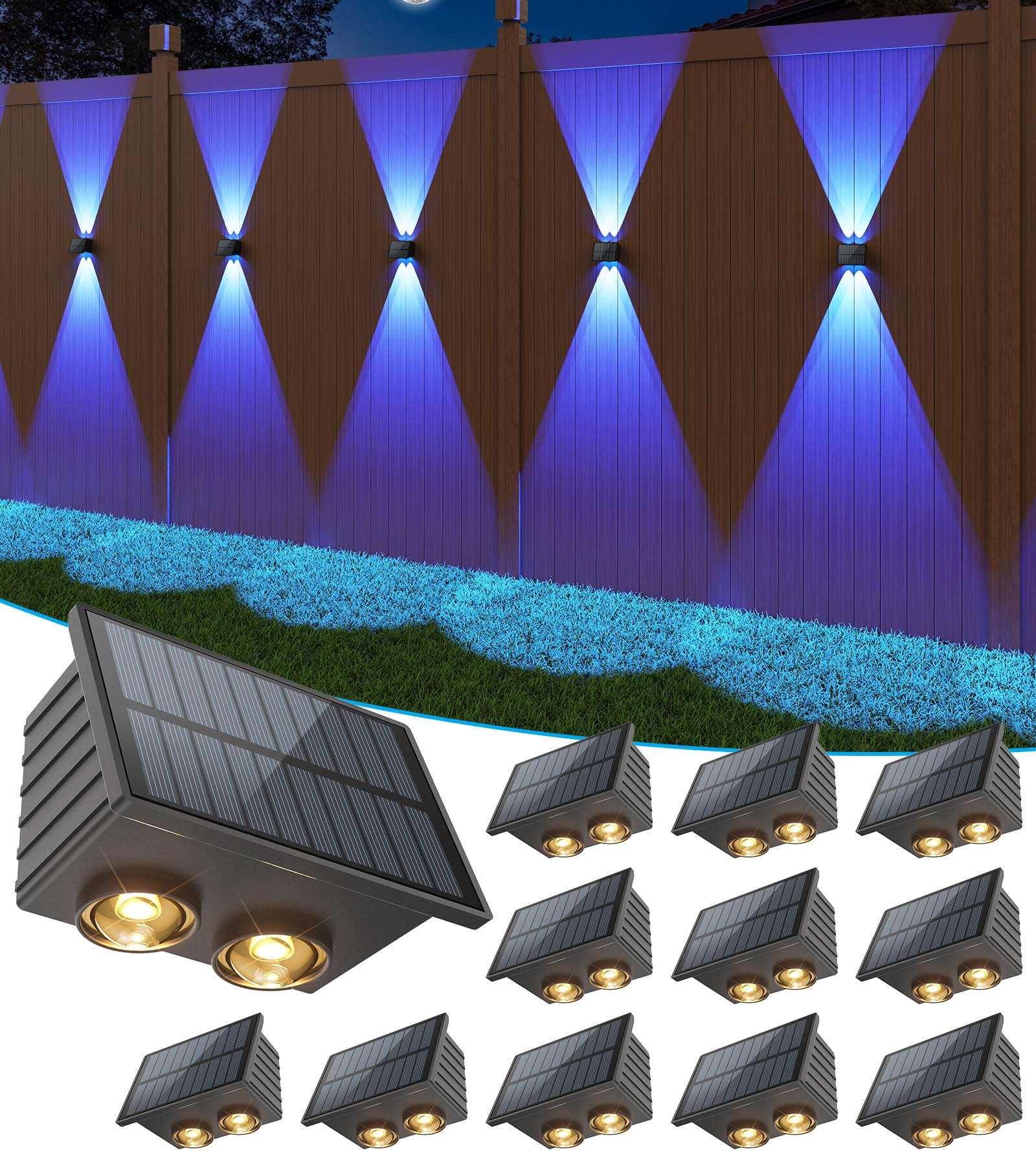 VOLISUN Solar Fence Lights 12 Pack  Color Glow LED Up and Down Wall Lights  IP65 Waterproof Solar Lights Outdoor for Patio  Backyard  Railing  Deck  Fence and Wall (4 Lenses)