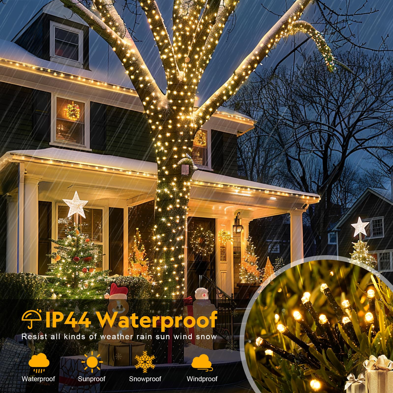 Jmexsuss 272Ft 800 Led Outdoor Christmas Lights, 8 Modes Warm White Christmas Tree Lights Green Wire, Waterproof Led Christmas S