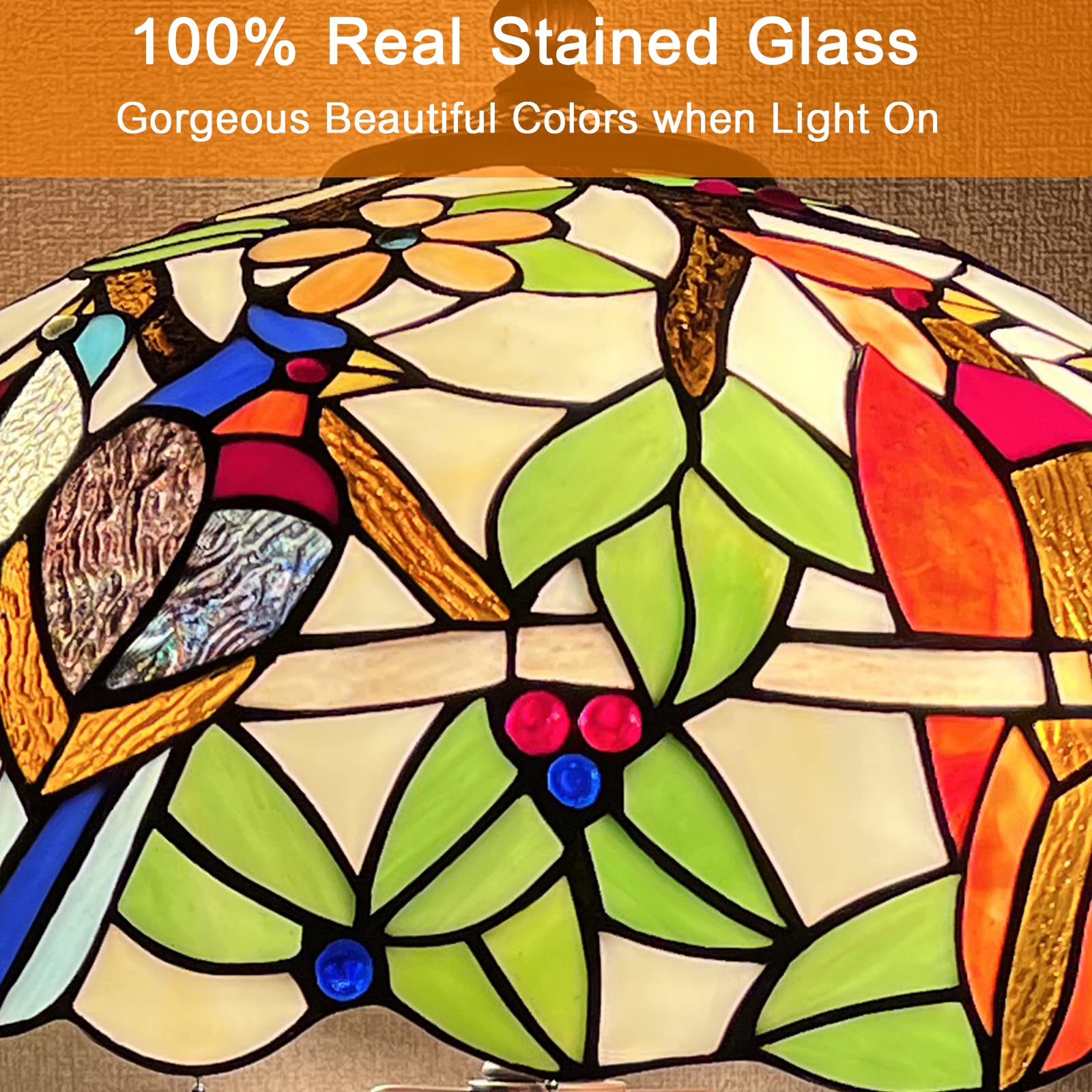 Capulina Tiffany Table Lamp - Stained Glass Cardinal Birds - 16x16x24 Inches - Mother-Daughter Vase Style for Home and Office Decor