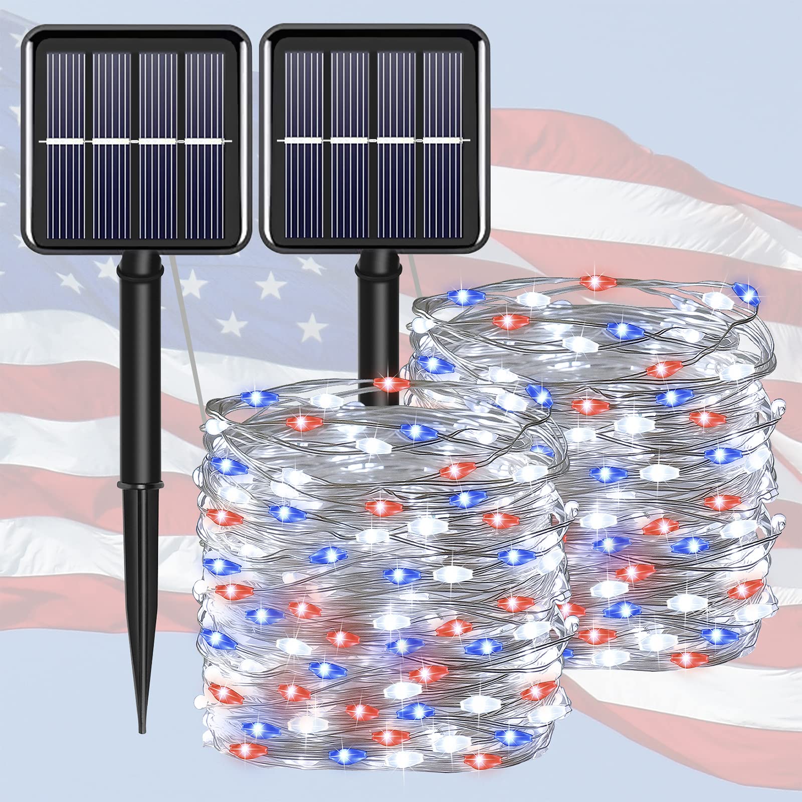 4th of July Patriotic Decorations Solar String Lights Outdoor Waterproof-Red White and Blue Lights,2Pack Each 100LED 33ft,IP67 W
