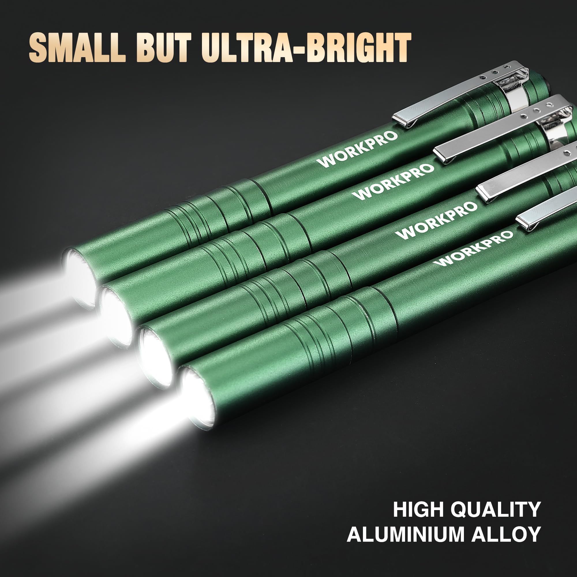 Workpro Led Pen Light, Aluminum Pen Flashlights, Pocket Flashlight With Clip For Inspection, Emergency, Everyday, 2Aaa Batteries Include, Green(4-Pack)