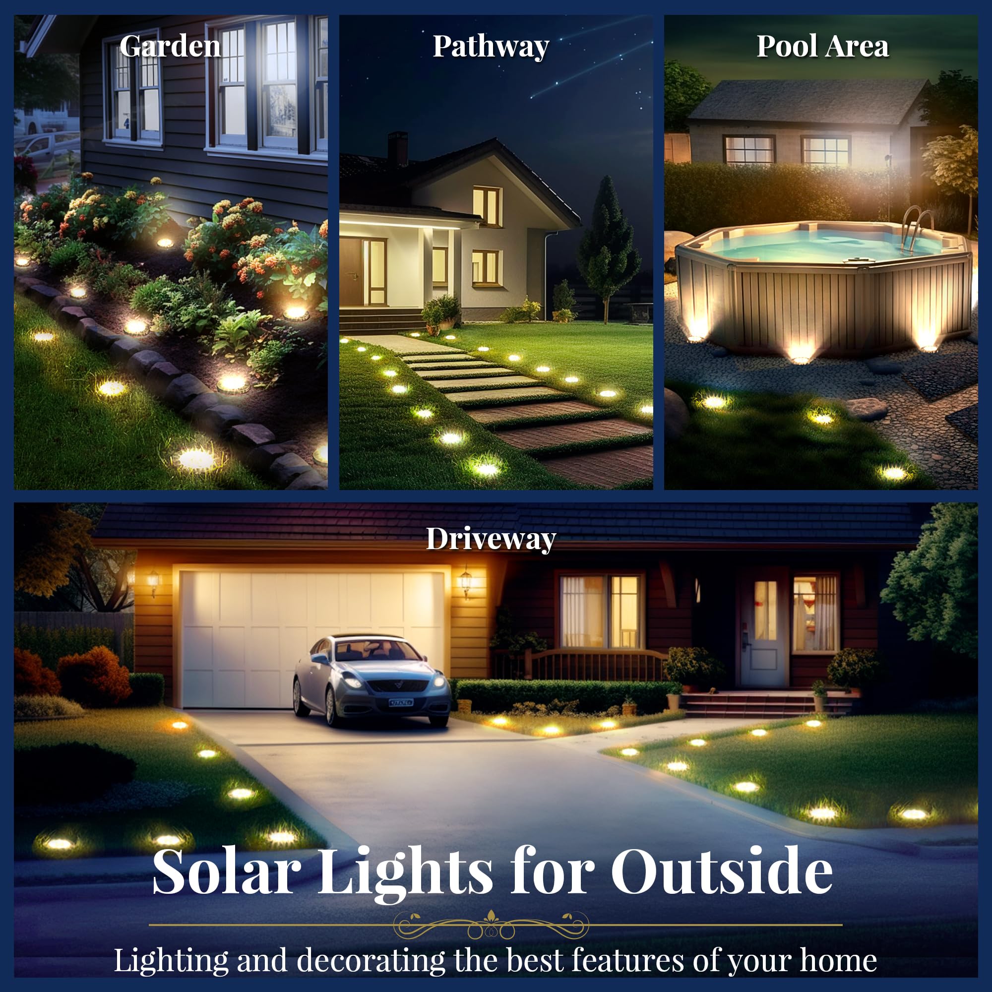 SOLPEX Solar Ground Lights, 12 Pack, 8 LED, Waterproof, Stainless Steel, Warm White, Model 8587