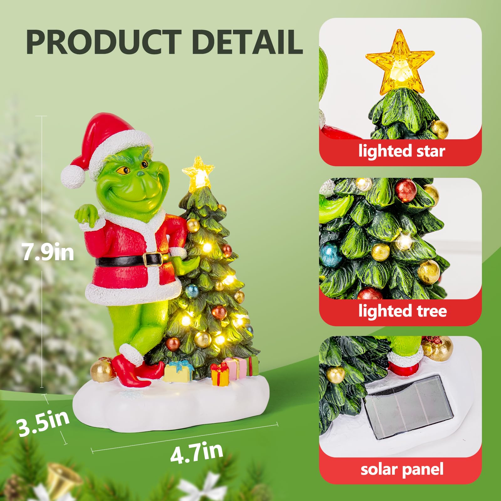 Ydkojgw Solar Garden Outdoor Statues Green Monster With Christmas Tree And 6 Led Lights-Christmas Lawn Deco Statue For Patio, Balcony, Yard Ornament - Unique Christmas Housewarming Gifts