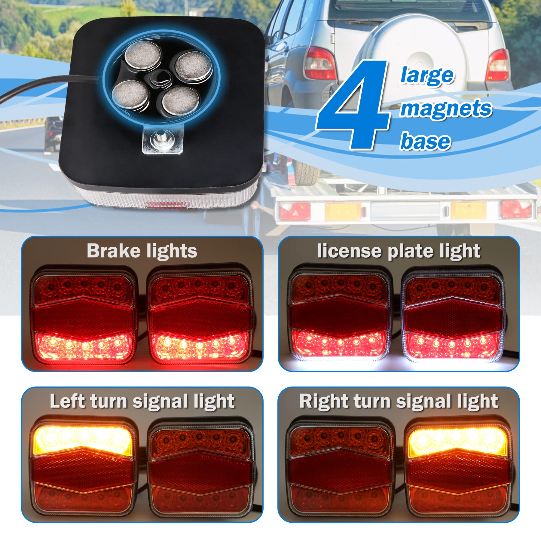 FEELOTAM Magnetic Trailer Lights Kit - 24ft Cable, 7 Pin Plug, Waterproof, Red Amber for Trucks, Trailers, RVs, Cars