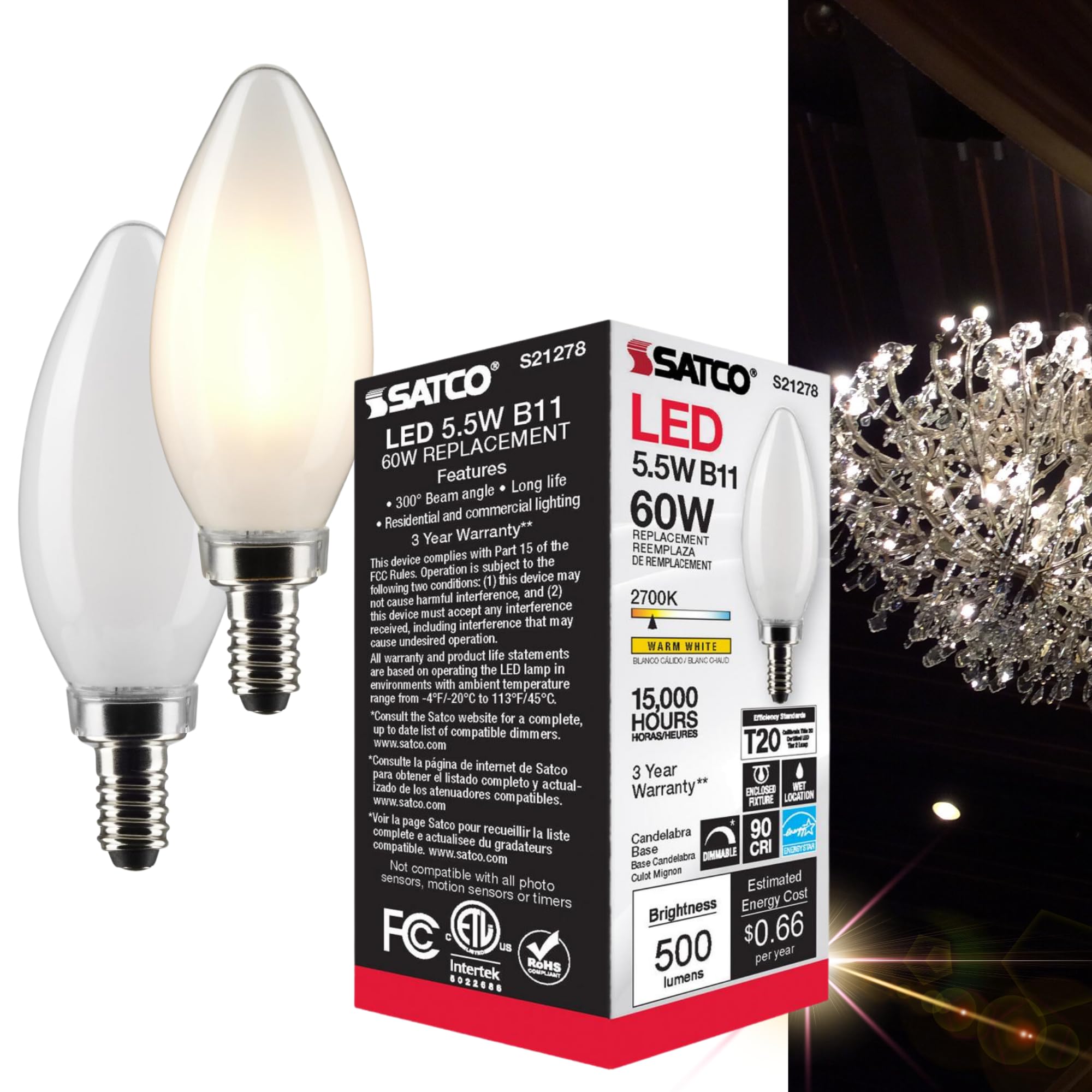 Satco 5.5B11/Led/927/Fr/120V/E12 - Part Number S21278-5.5 Watt Led B11 Frosted Bulb, 90 Cri, 2700K Warm White, 120 Volt (2 Pack)