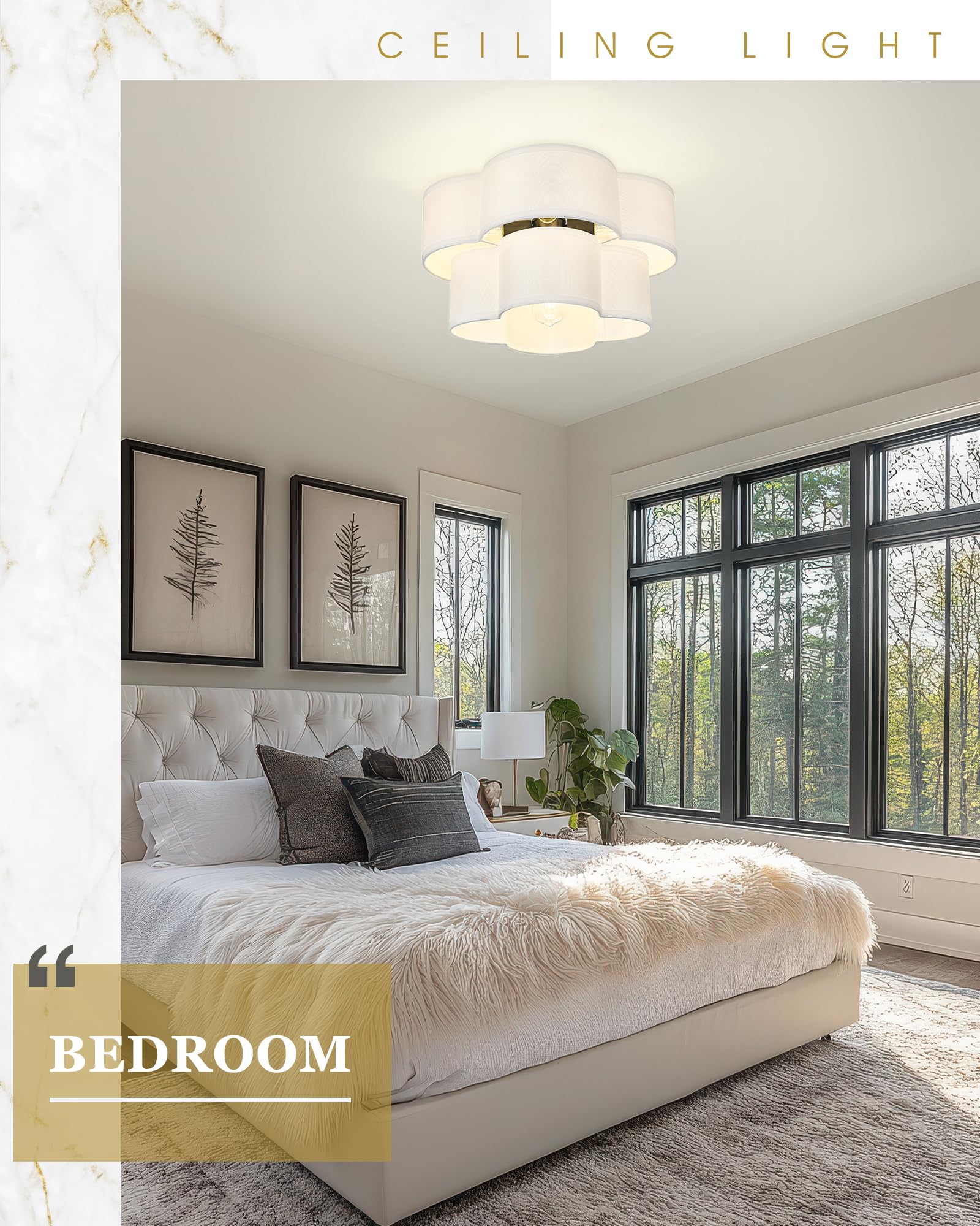 Audickic Black Semi Flush Mount Ceiling Lights, 5-Light 18'' Ceiling Light Fixtures With Double Fabric Drum Shade In Quatrefoil