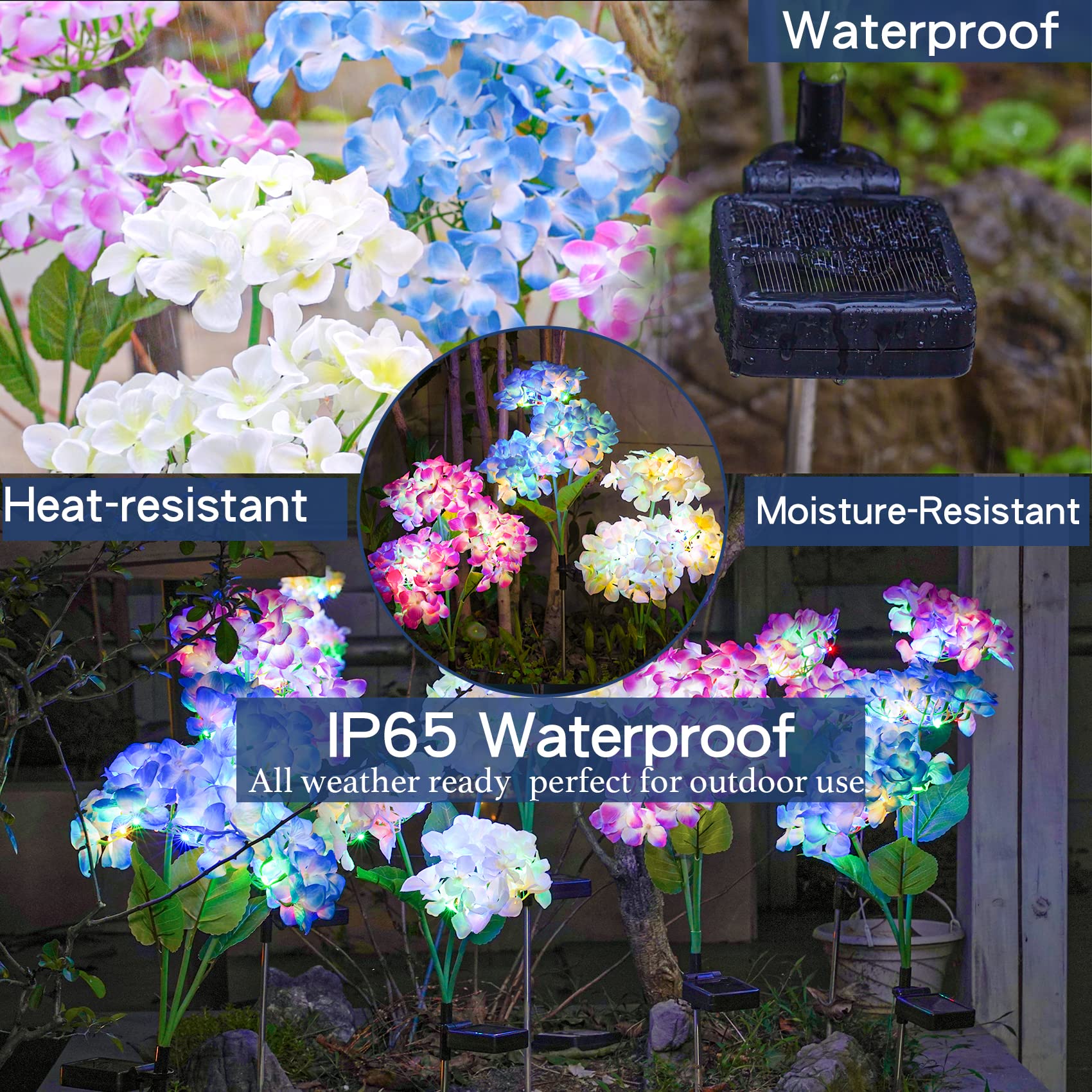 TONULAX Solar Hydrangea Flower Lights - 3 Pack, Colorful, Silk Material, Outdoor Garden Decoration, White/Purple/Blue, 2023 Version
