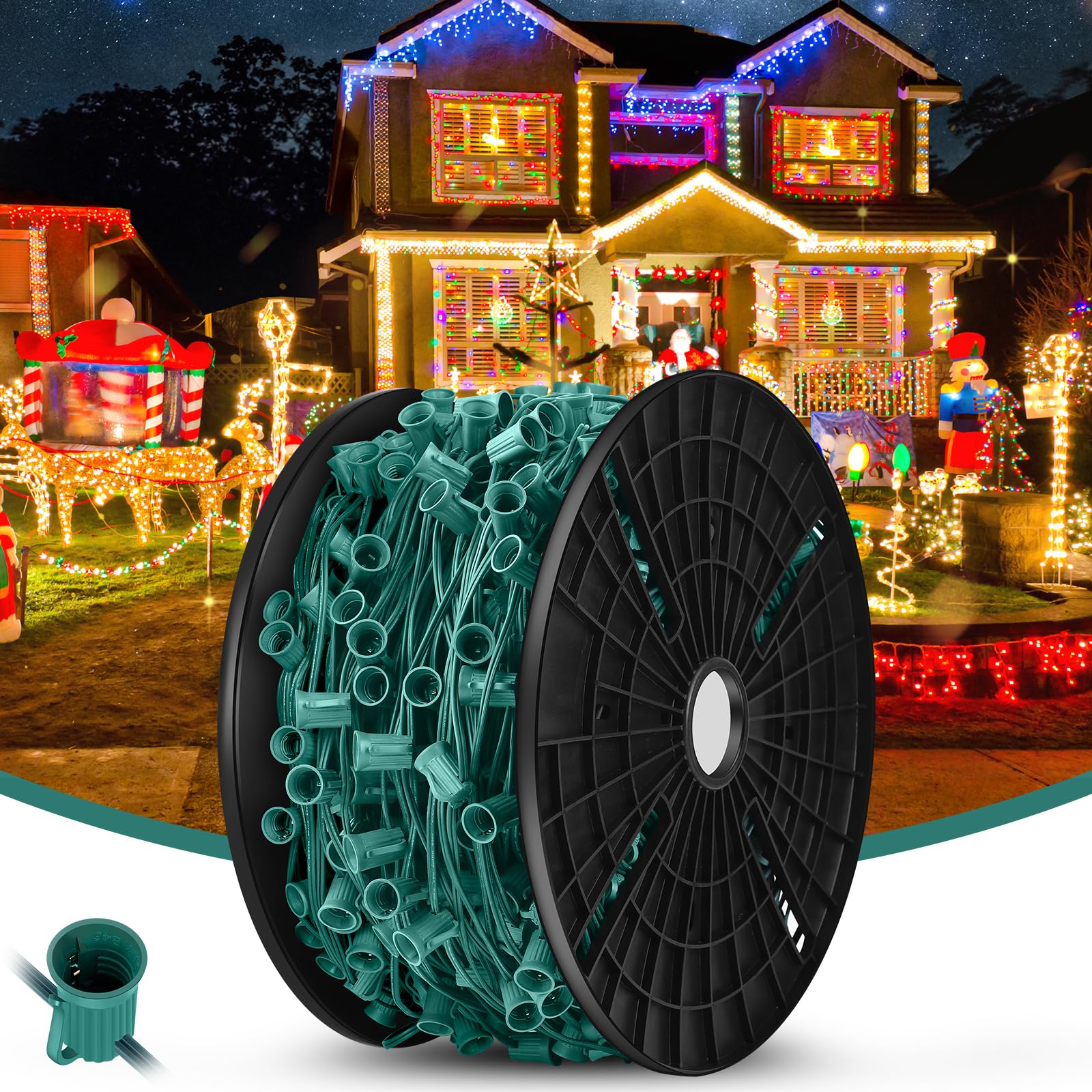 BesLowe C9 Christmas Lights Outdoor, 500FT Green Wire, E17 Sockets, Multicolor, Model GYI-O500RBU