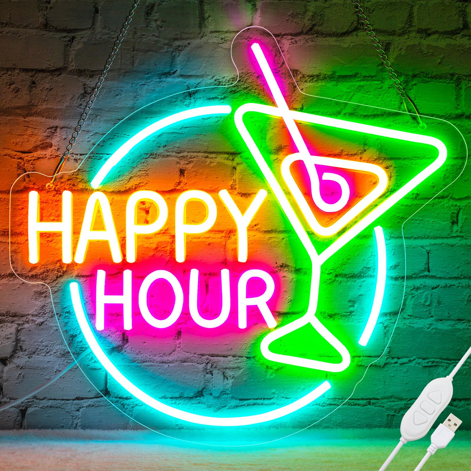 Basaneon Happy Hour Neon Sign Dimmable Led Happy Hour Neon Bar Signs for Home Bar, USB Powered Bright Cocktails Happy Hour Neon Signs for Wall Decor Bar Pub Man Cave Party Art Decor(14.1*12.5inches)