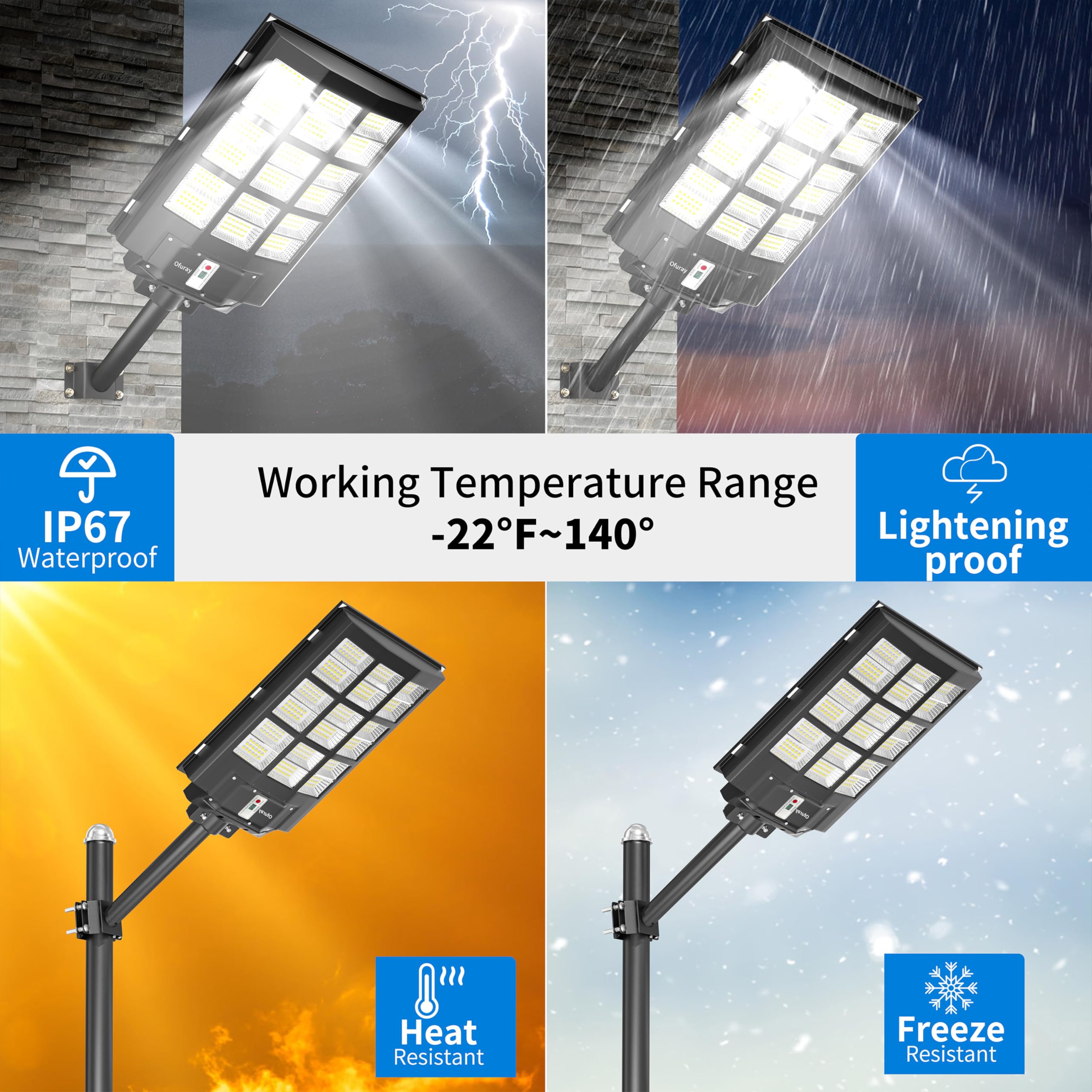 Ofuray Of-3600W Solar Street Lights, 218000LM Waterproof LED, Remote Control, Black, Dusk to Dawn, 1 Pack