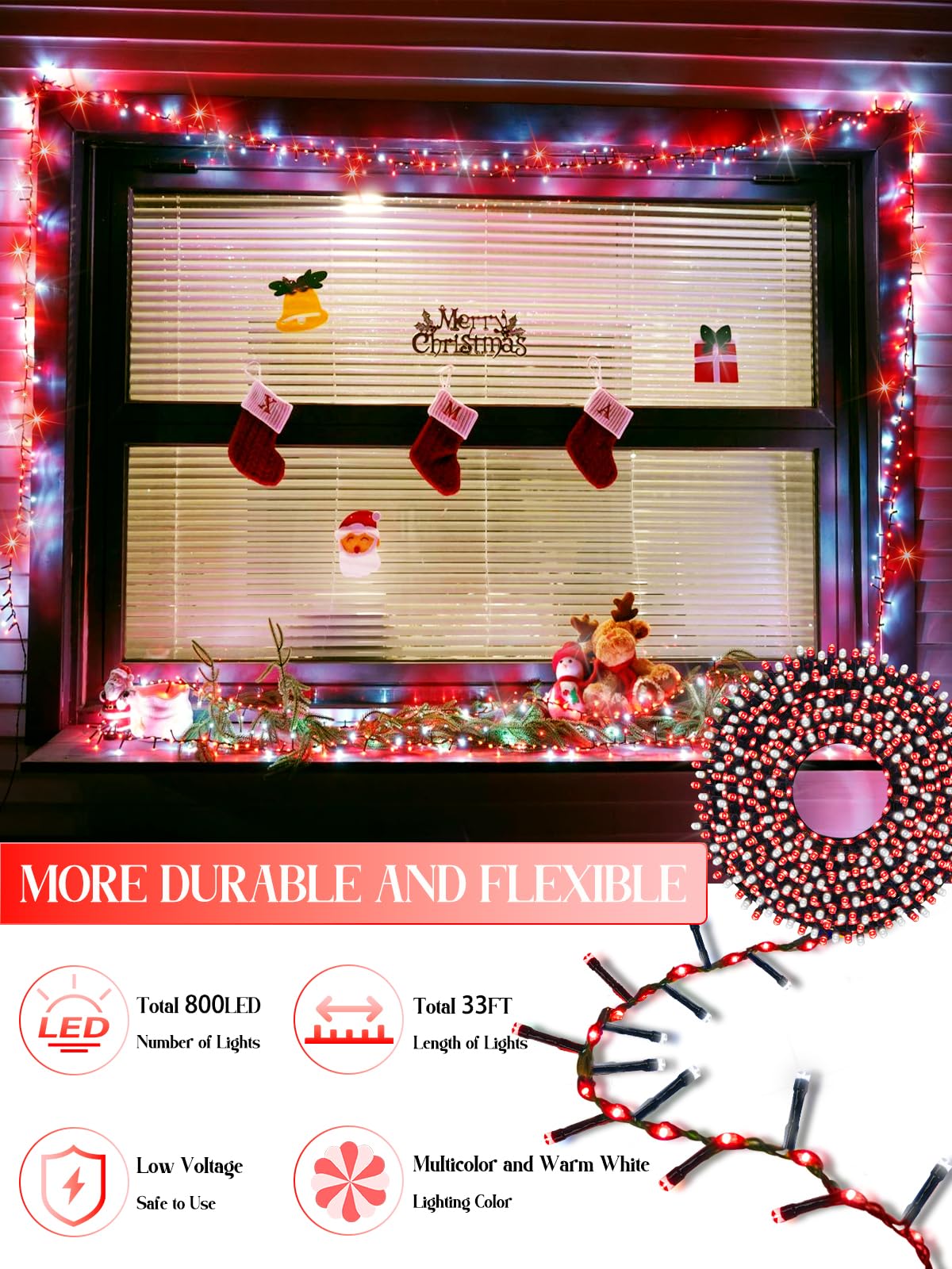 BOSSERN 800 LED Christmas Cluster Lights, Waterproof Twinkling Fairy Lights, Red and White, 15 Modes & Timer, Model GP-SW240DC0375-IP44
