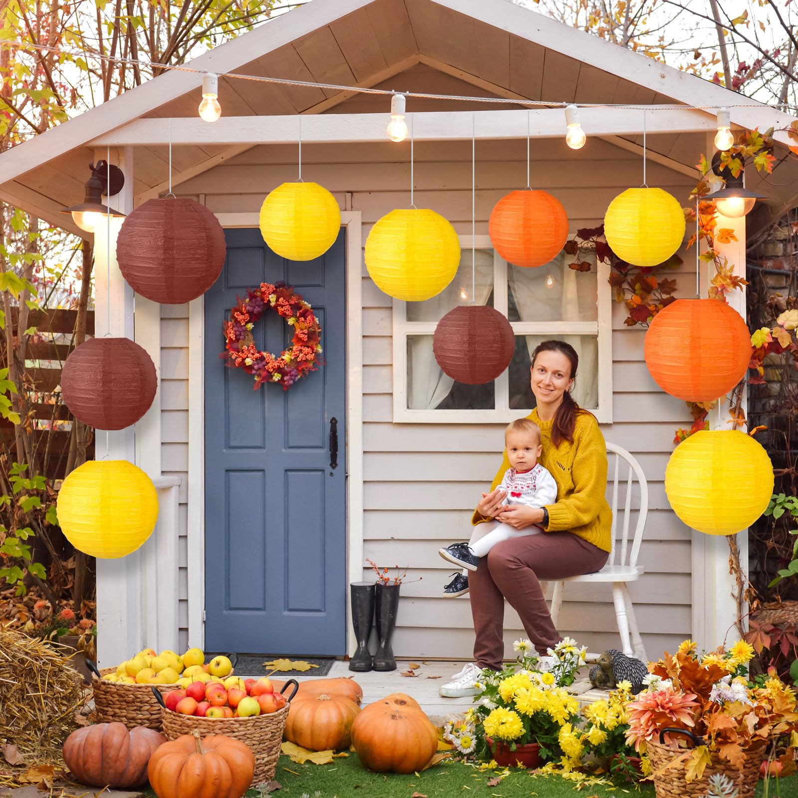 Chuangdi 12 Pcs Thanksgiving Paper Lanterns Decorations Fall Paper Lanterns Thanksgiving Hanging Yellow Orange Brown Party Decoration For Harvest Theme Birthday Indoor Outdoor