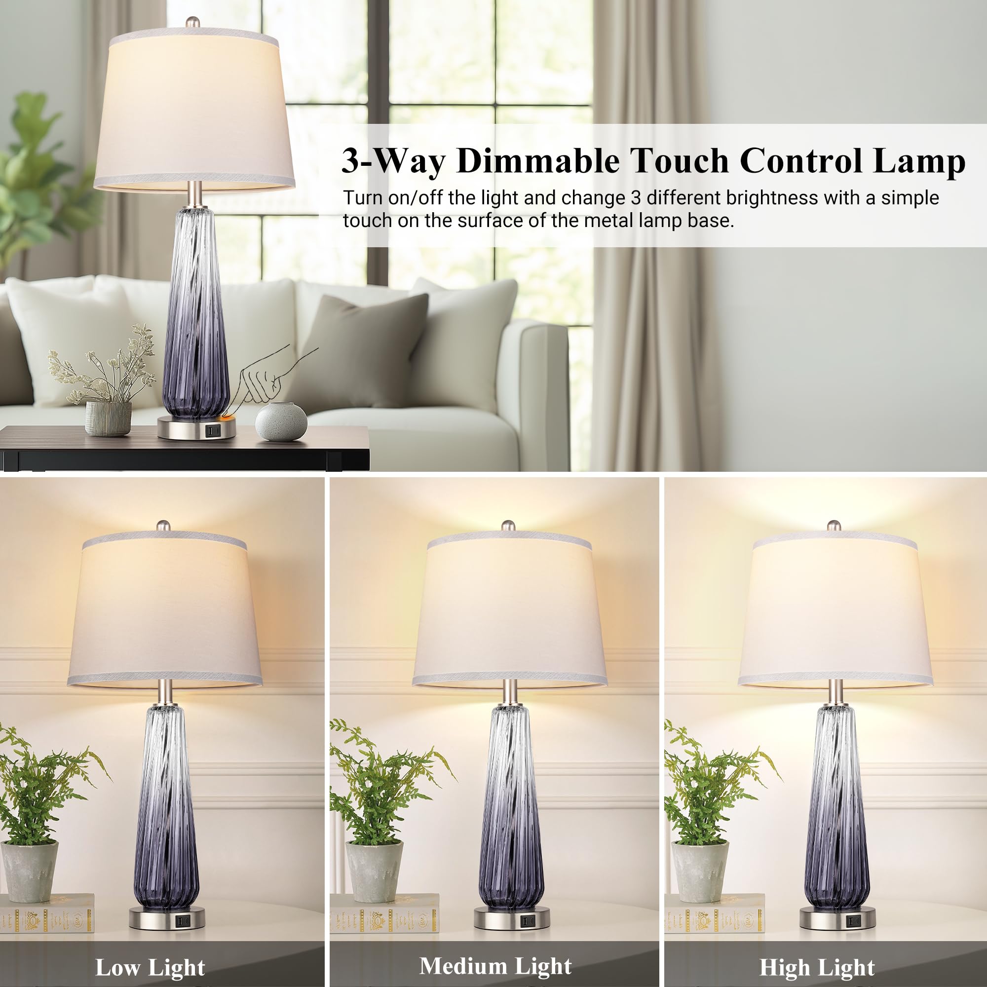 QiMH Glass Table Lamp with USB Ports, 3-Way Dimmable Touch Control, 27.5in Grey, Modern Nightstand Lighting, 1 Pack