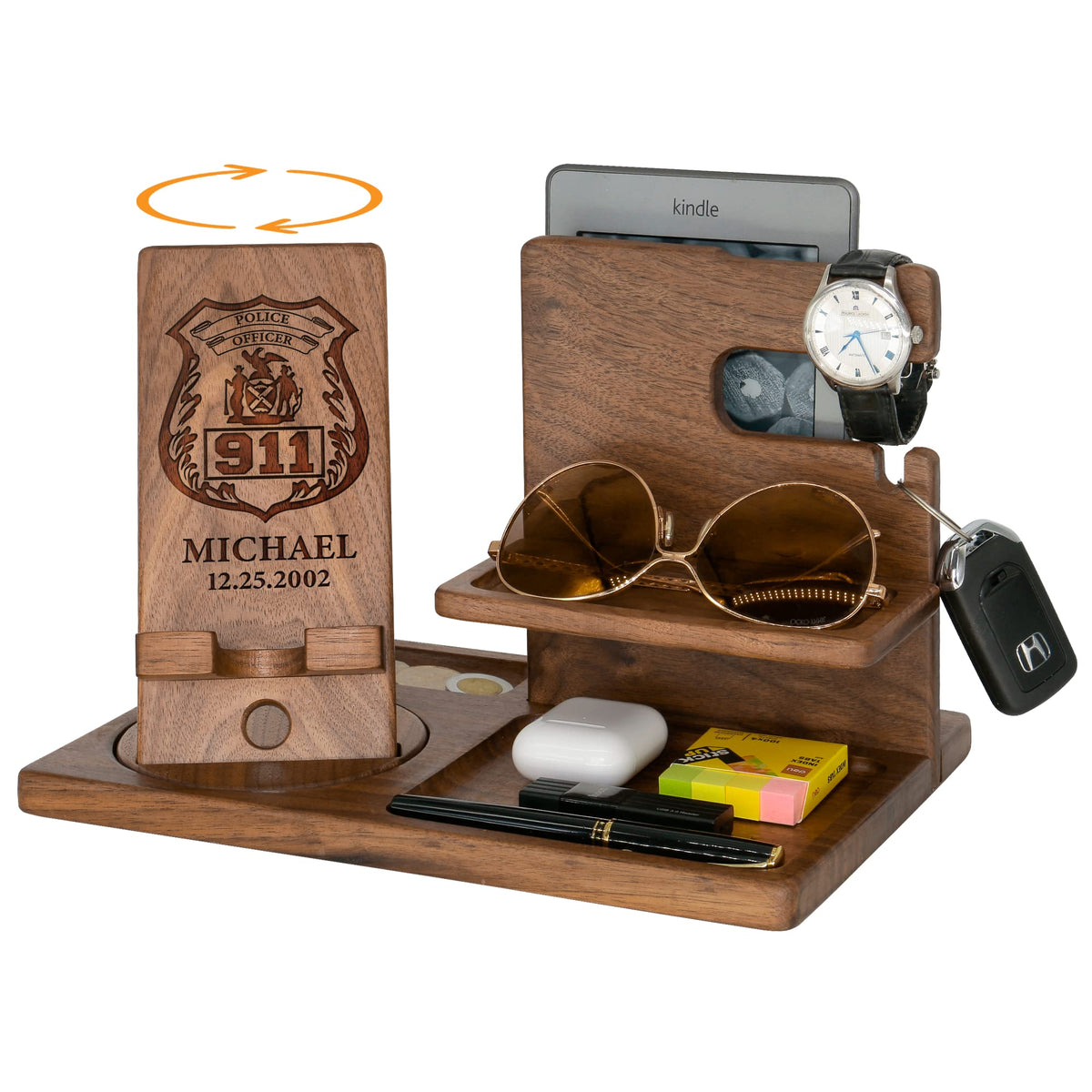 Personalized Engraved Police Officer Graduation Gifts - Custom Wooden Rotating Swivel Stand, Handmade Desk Organizer For Dad, Hu