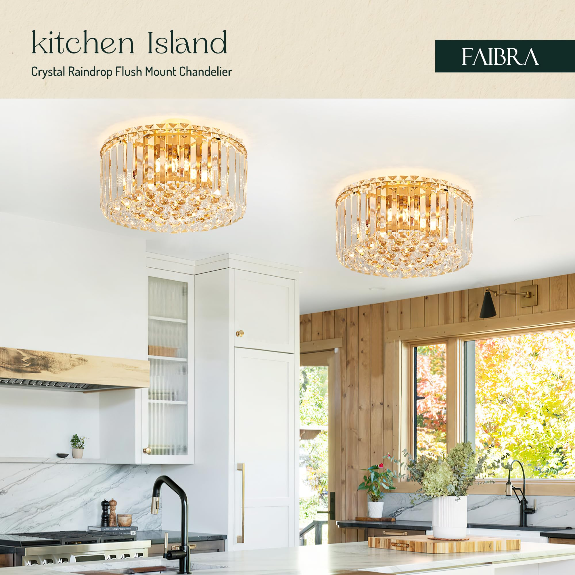 Faibra Gold K9 Crystal Raindrop Flush Mount Ceiling Light - 12.6" Modern Chandelier for Dining Room, Bedroom, Hallway, Kitchen, Living Room