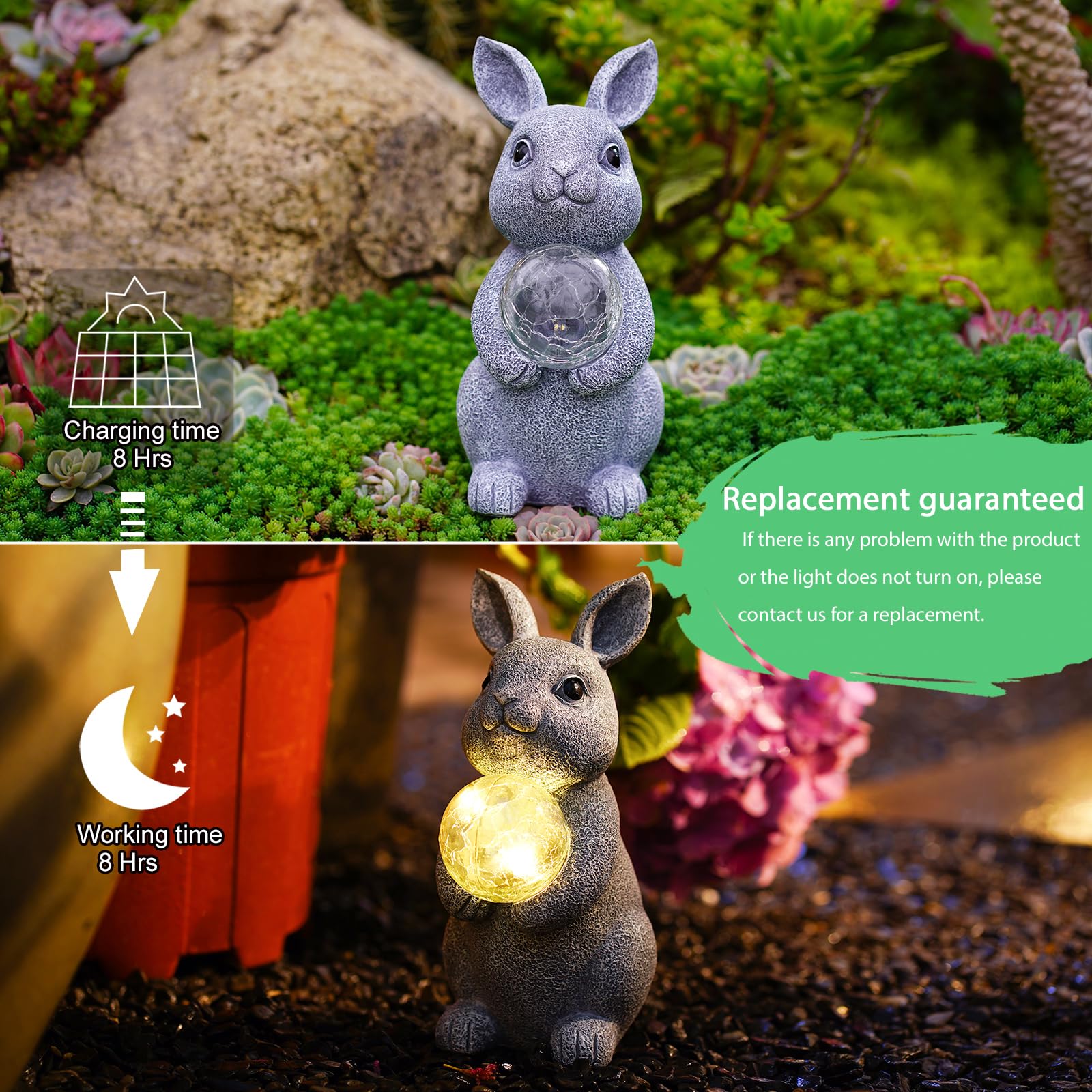 Tiejiajiang Gray Rabbit Solar Garden Statue With Gazing Ball - Outdoor Decor For Patio & Yard