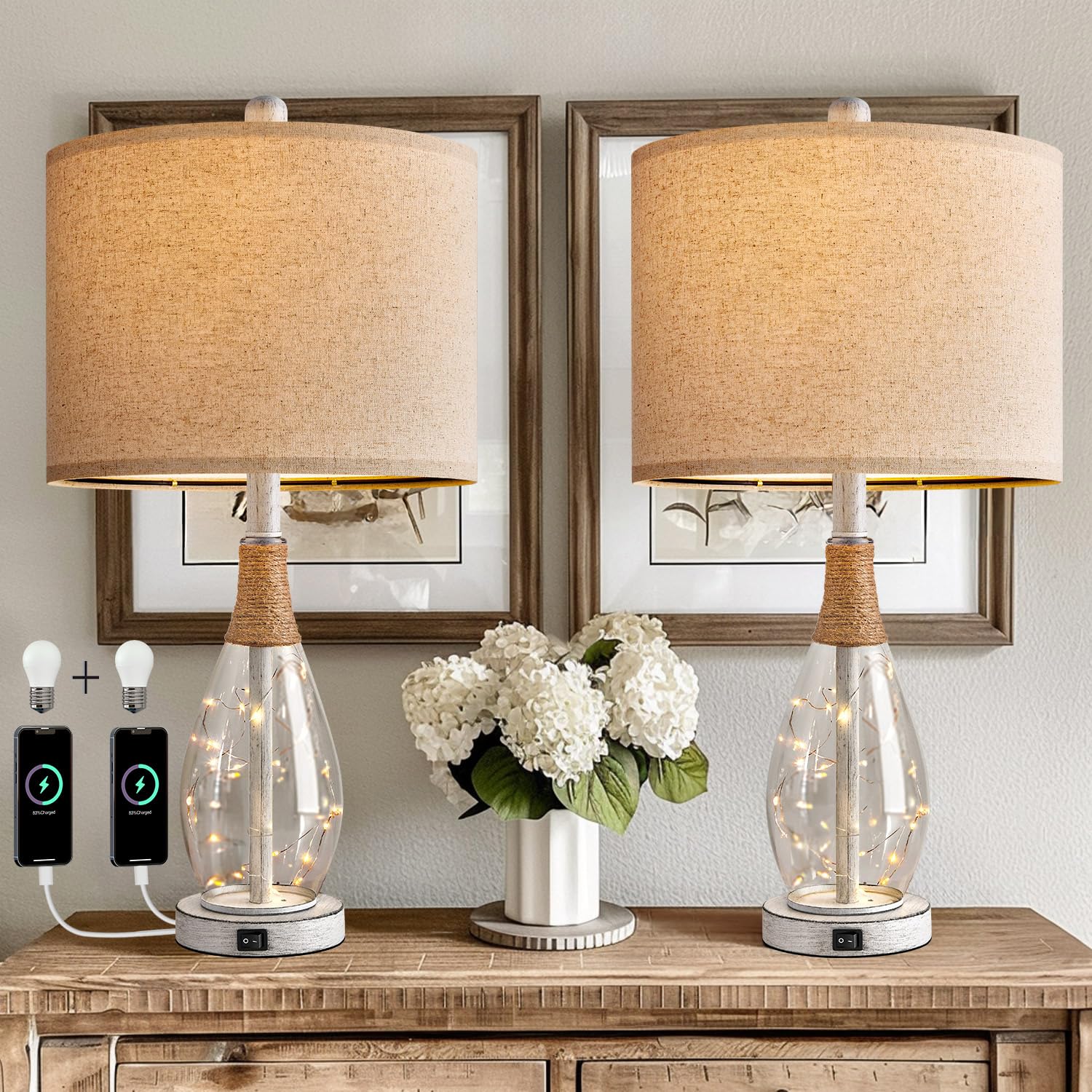 OYEARS Table Lamps Set of 2, 23in White Rattan Boho Design with USB C+A, Model AMZ-T1140WH-U0
