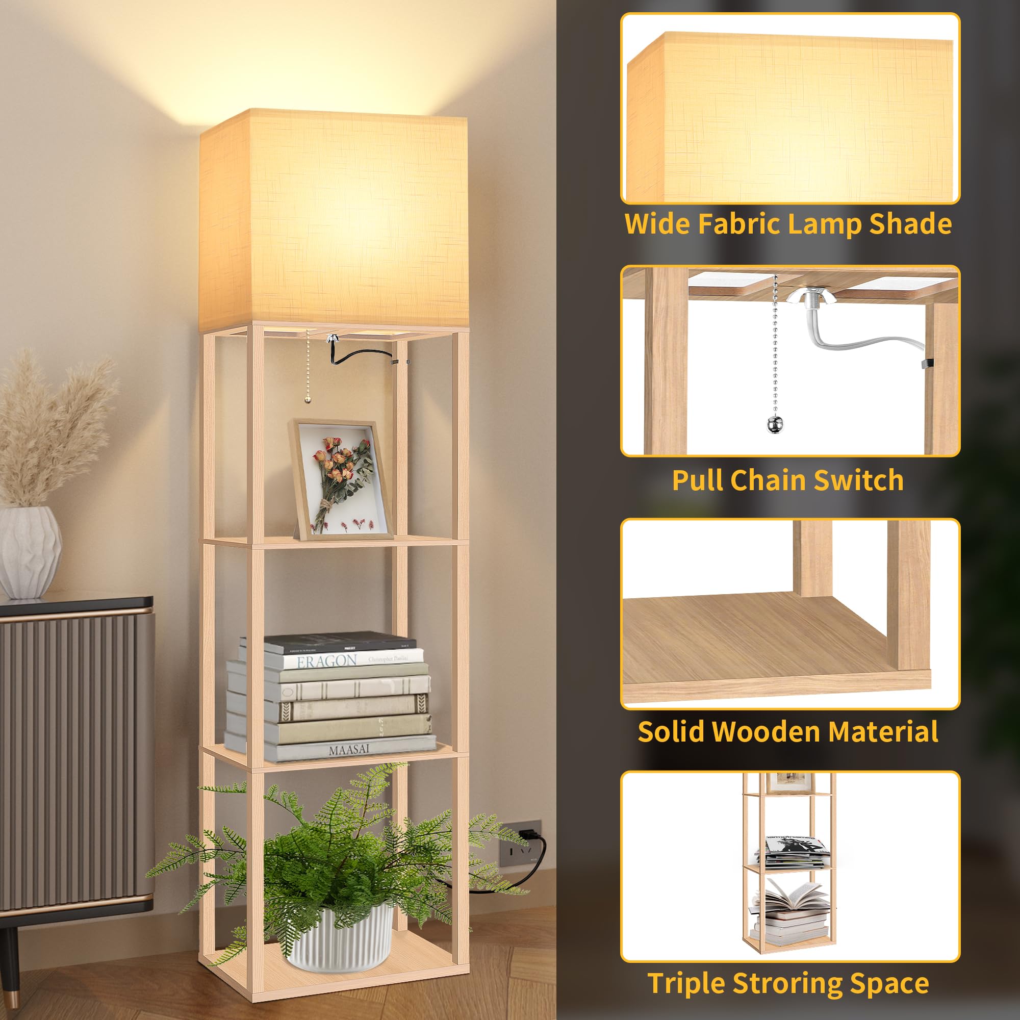Dott Arts Floor Lamp with Shelves, 15.7in Wide, Wood, Burlywood, Model WLM1600-FLA-15W-11, 3 Color LED Bulb