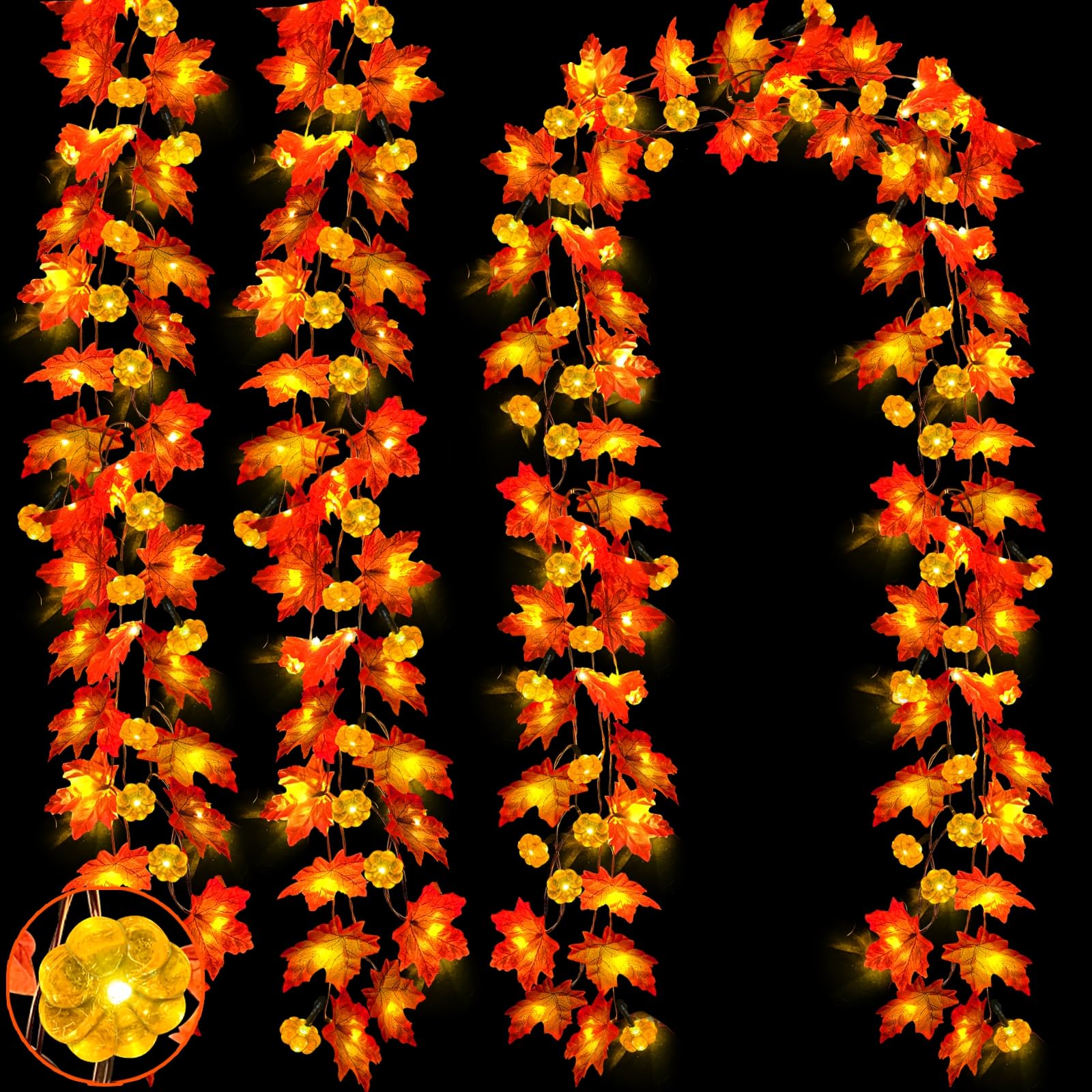 [ Timer & 3 Pack & Pumpkin ] 30Ft Fall Garland Thanksgiving Decorations for Home 60 LED Leaf Pumpkin Lights Patented Realistic Maples Leafed Battery Operated Halloween Lights Fall Thanksgiving Decor