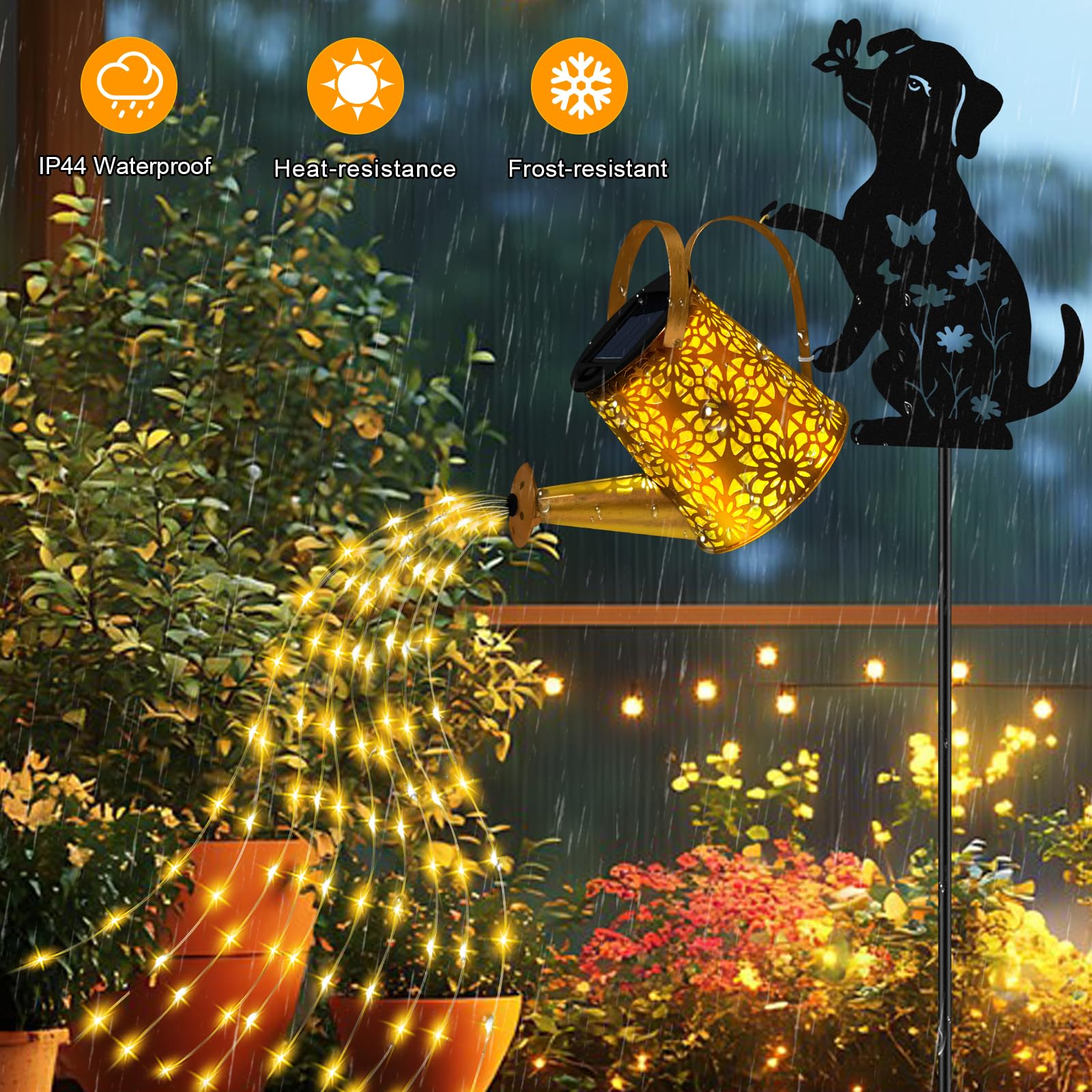 Solar Lights Outdoor Decorative  Watering Can With Cascading Lights  With Dog Silhouette Garden Stakes  Waterproof Metal Garden Decor For Yard Art  Outside  Patio  Lawn Ornaments(1 Pack)