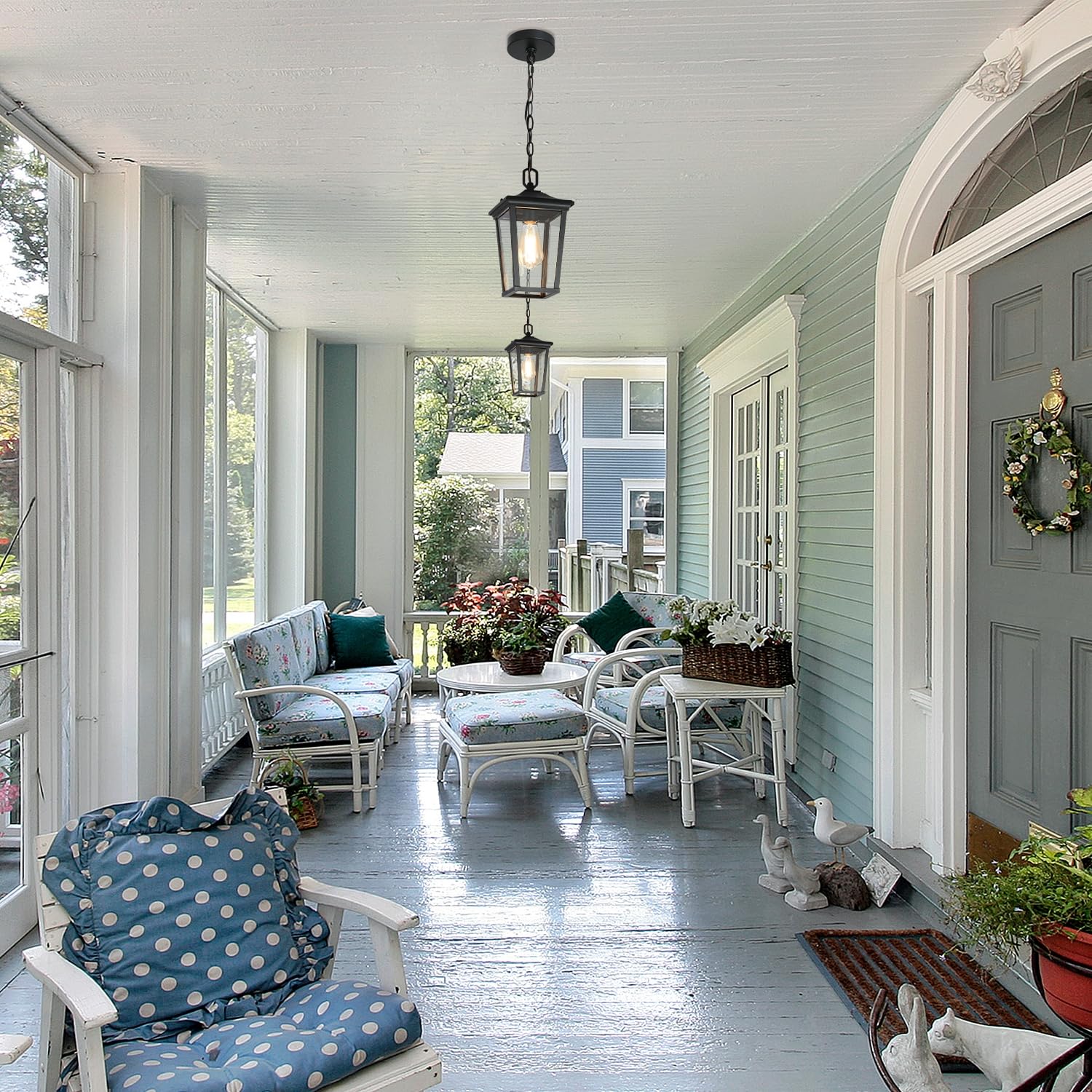 Gepow Outdoor Pendant Light, Black Anti-Rust Hanging Lantern With Adjustable Chain, Clear Glass