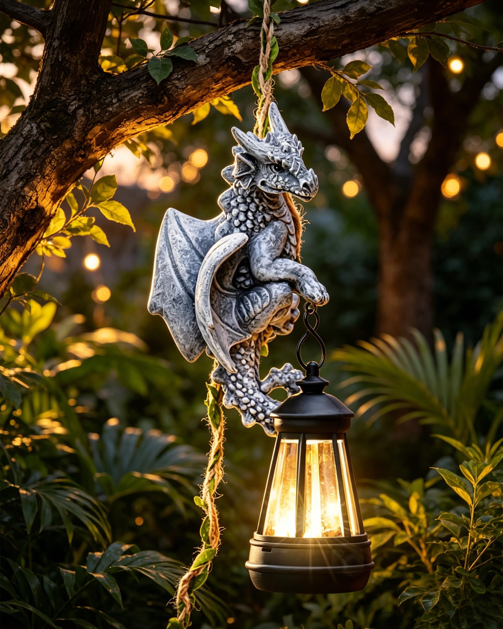 Nacome Dragon Outdoor Statues for Garden: 23.6 Gothic Mythical Guardian Sculpture for with Long Vine and Solar Lantern Enchanted