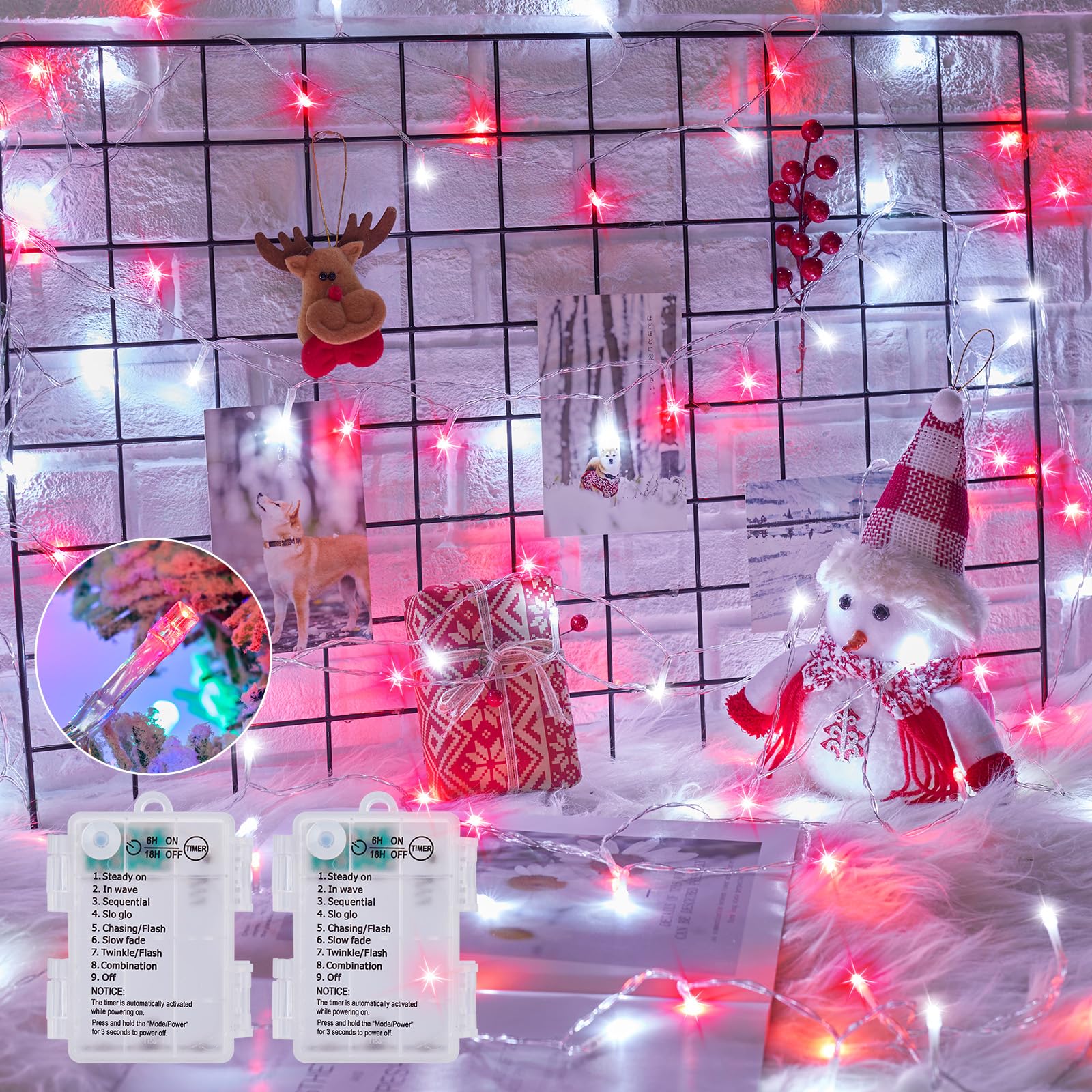 Minetom Battery Operated Christmas String Lights, 100 LED, 33FT, Waterproof, 8 Modes, Red & Pure White, 2 Pack