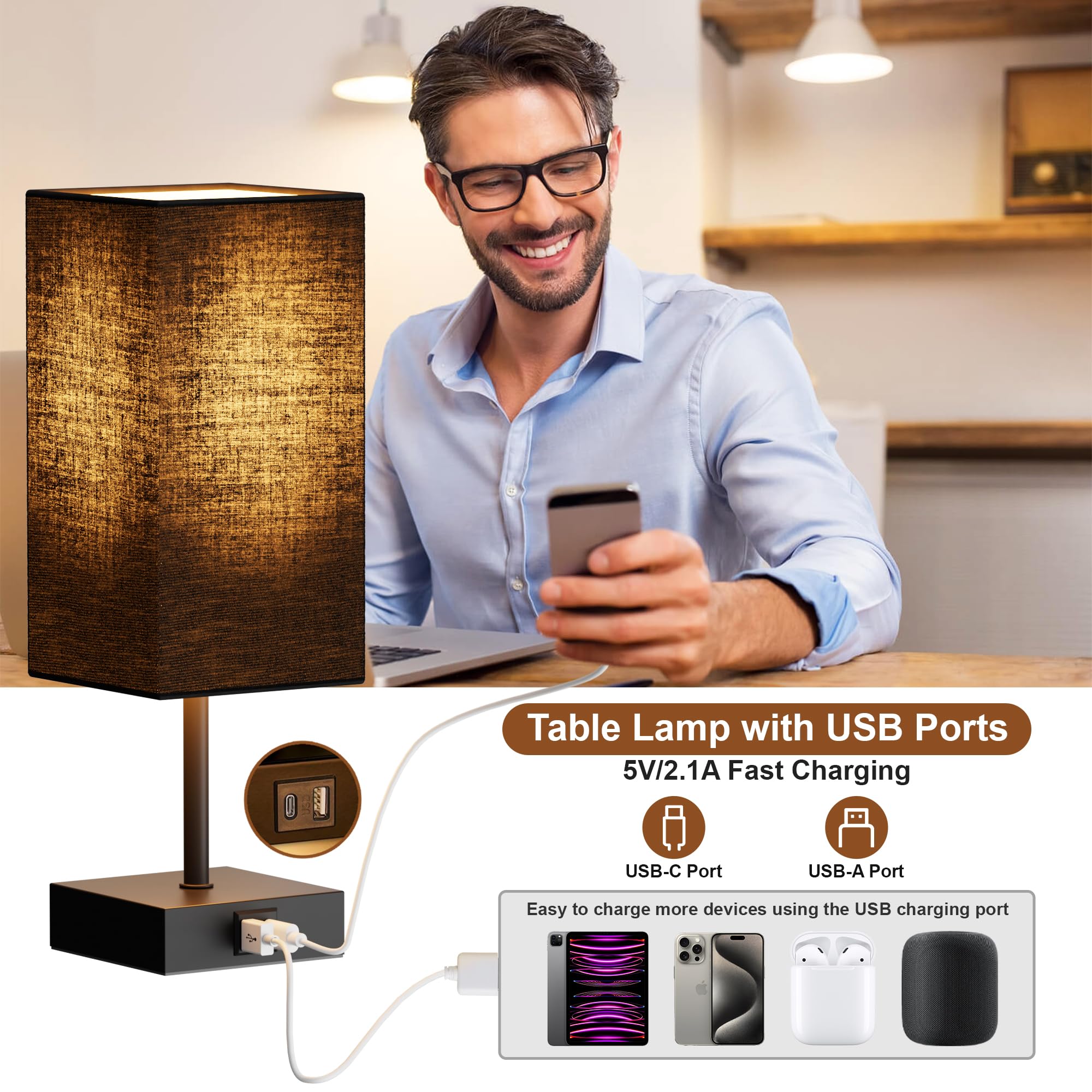 Sailstar Touch Bedside Lamps Set of 2 with USB C+A Ports, 3-Way Dimmable, LED Bulbs Included, Black, Compact Design