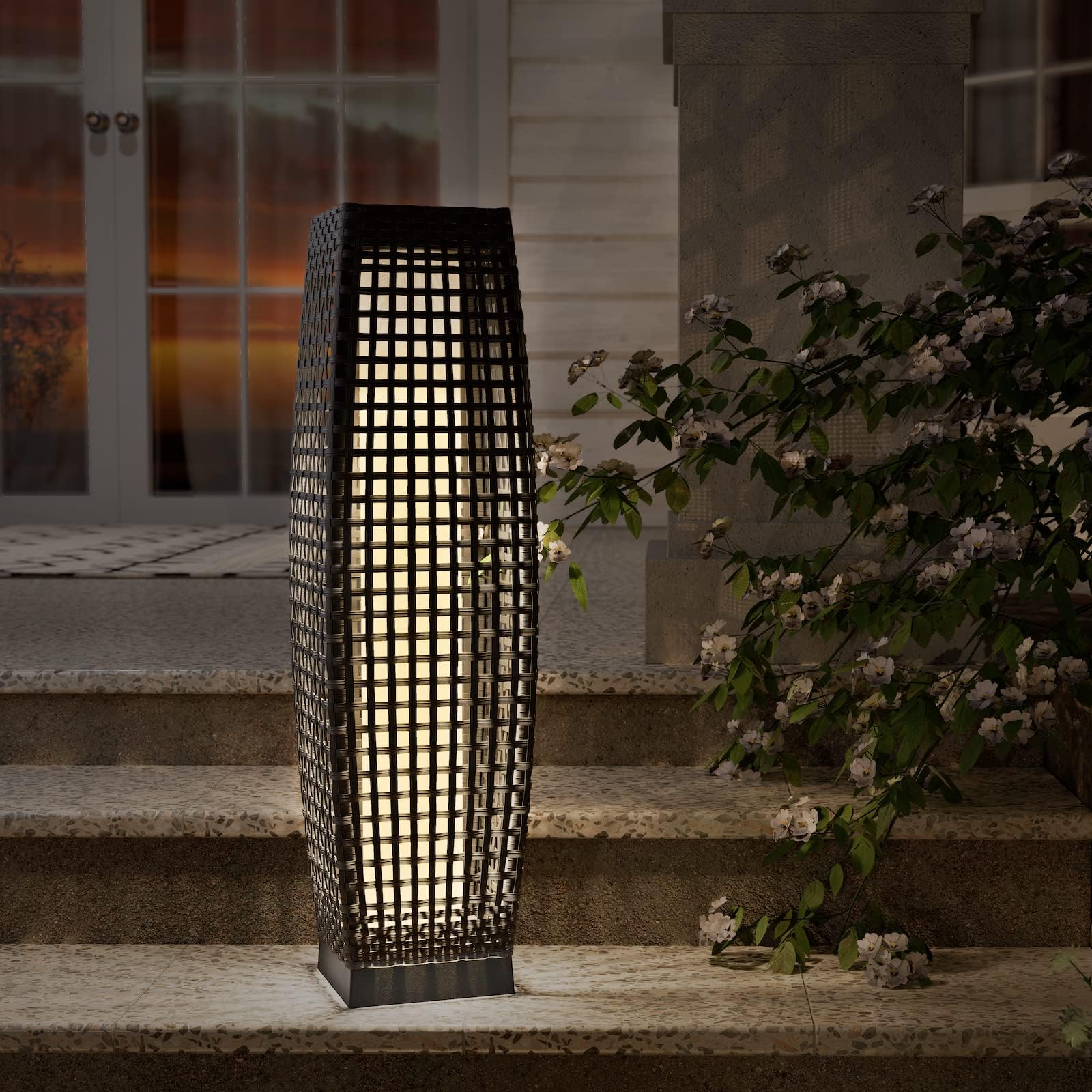 Grand Patio Outdoor Floor Lamp Solar Powered Lantern Water-Resistant Wicker Deck Light For Garden Or Porch - Medium Fuji, Silver