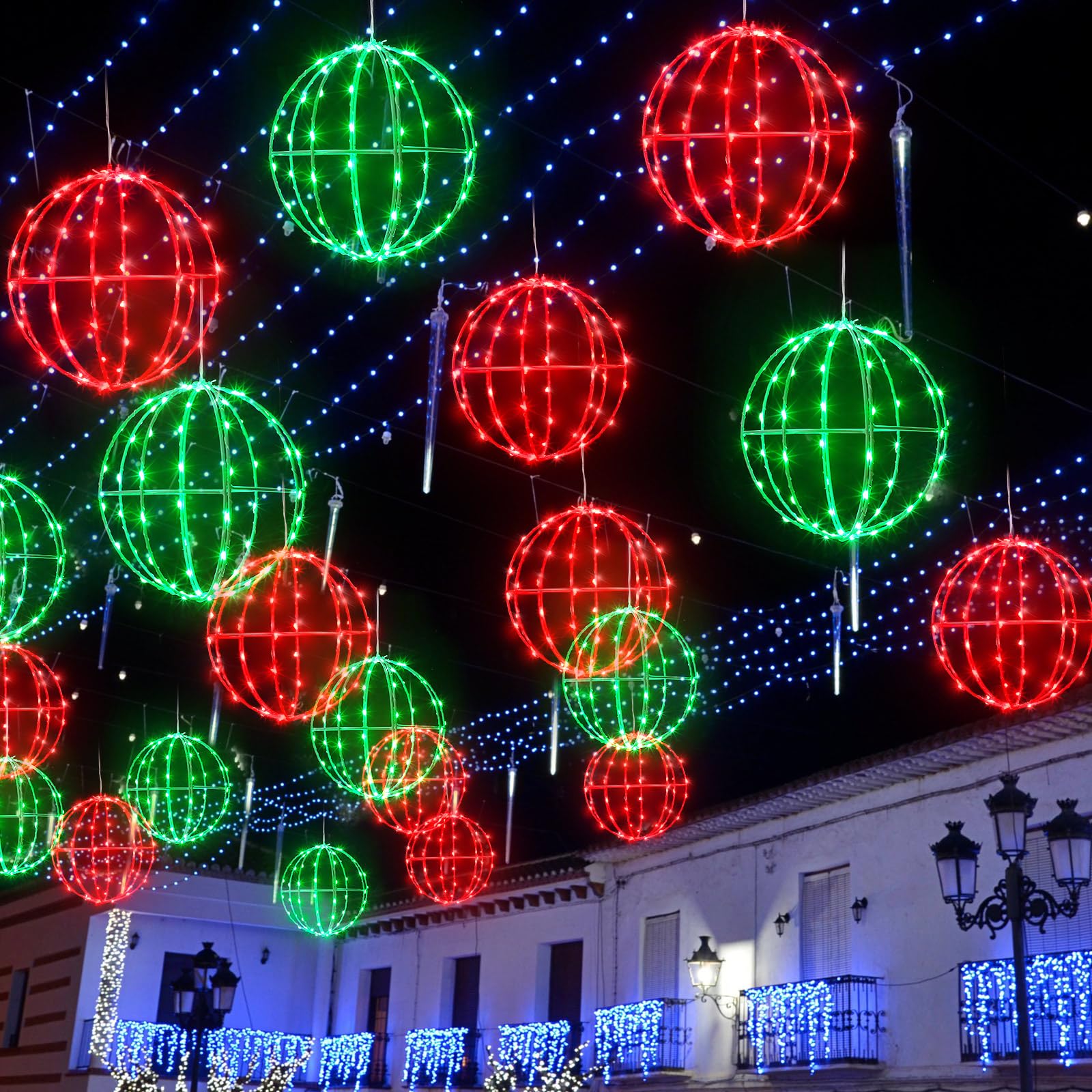 Leinuosen 4 Pack 7.87'' Outdoor Christmas Balls Lights Hanging LED Globe Lighted Xmas Metal Frame Ball Ornament Multicolor Spher