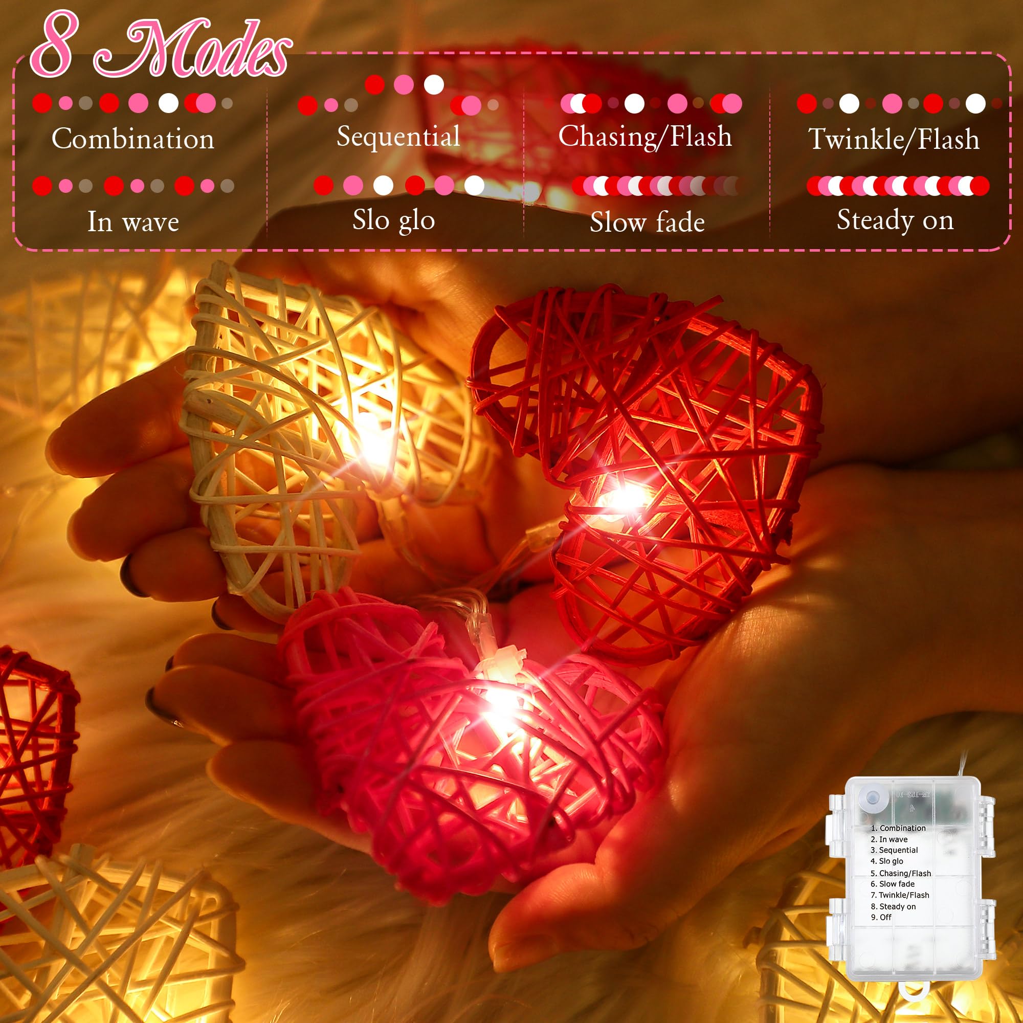 Hiboom Valentines Heart String Lights, Battery Operated Vintage Rattan Heart Shaped Lights, 16Ft 24 Led Twinkle Light For Valent