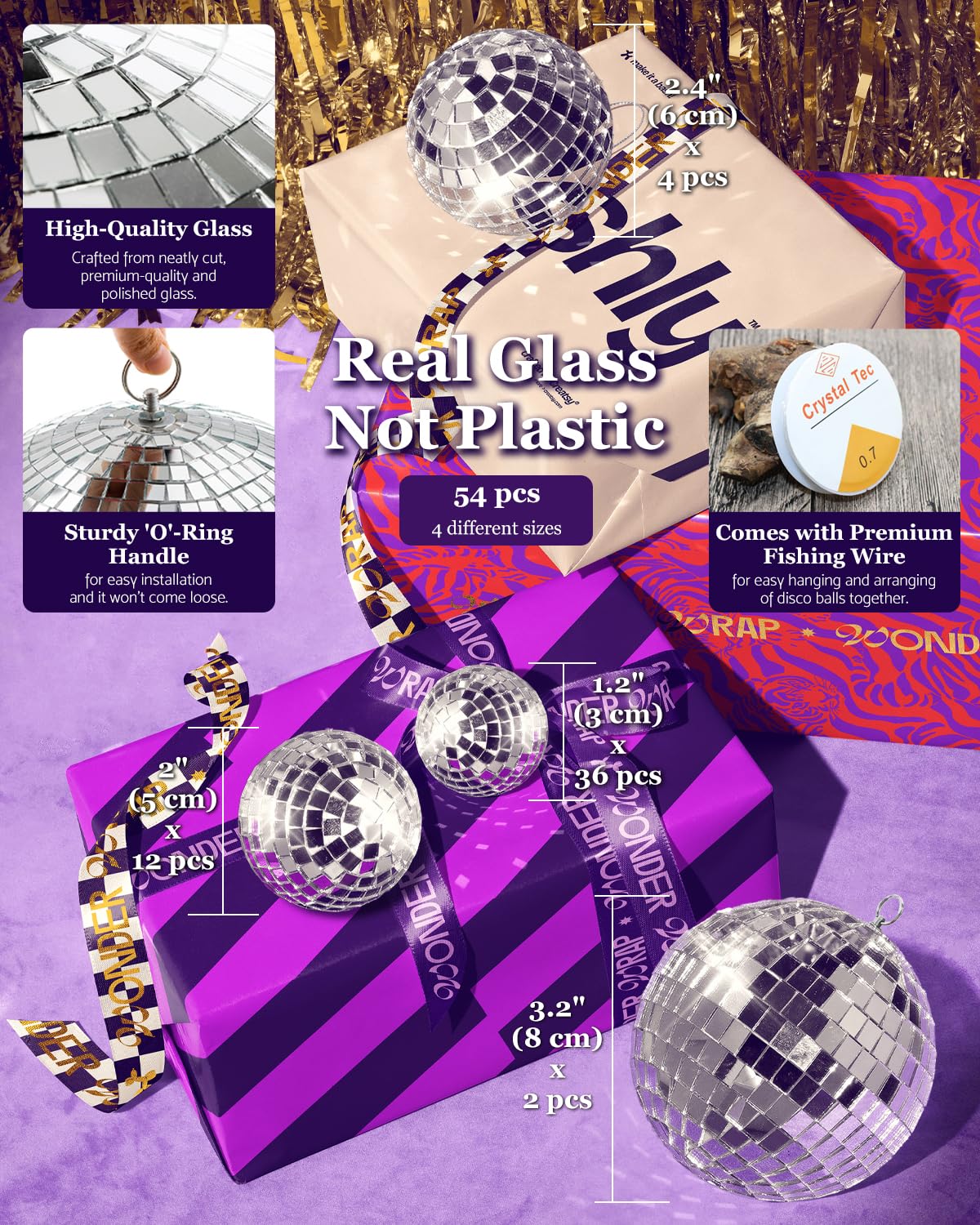 Youdepot Mini Silver Disco Balls - 54 Pcs Ornament Set for Parties, Weddings, and Decor - Sizes: 1.2in to 3.1in