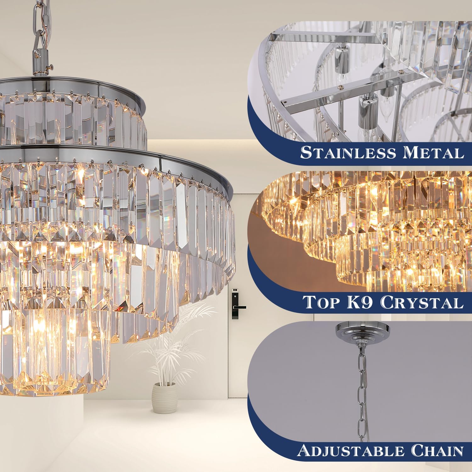 Gmlixin Chrome Crystal Chandelier Lights 20 Inch Luxurious Chandeliers Hanging Pendant Light Fixture For Dining Rooms Living Roo