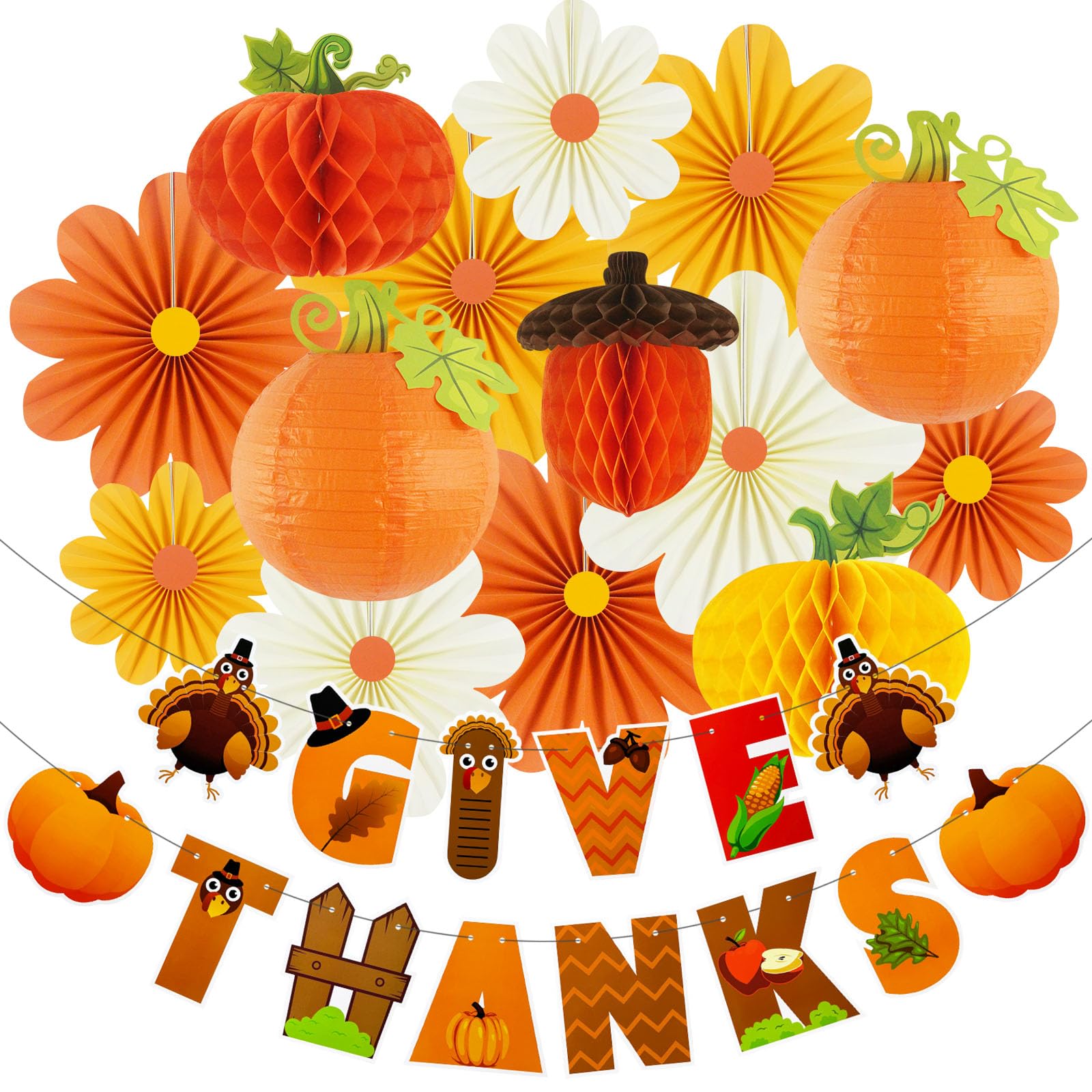 zilue Thanksgiving Party Decorations Give Thanks Banner Paper Lanterns Honeycomb Pumpkins Fall Acorn Paper Fans for Fall Friendsgiving Turkey Thanksgiving Decor Indoor Outdoor