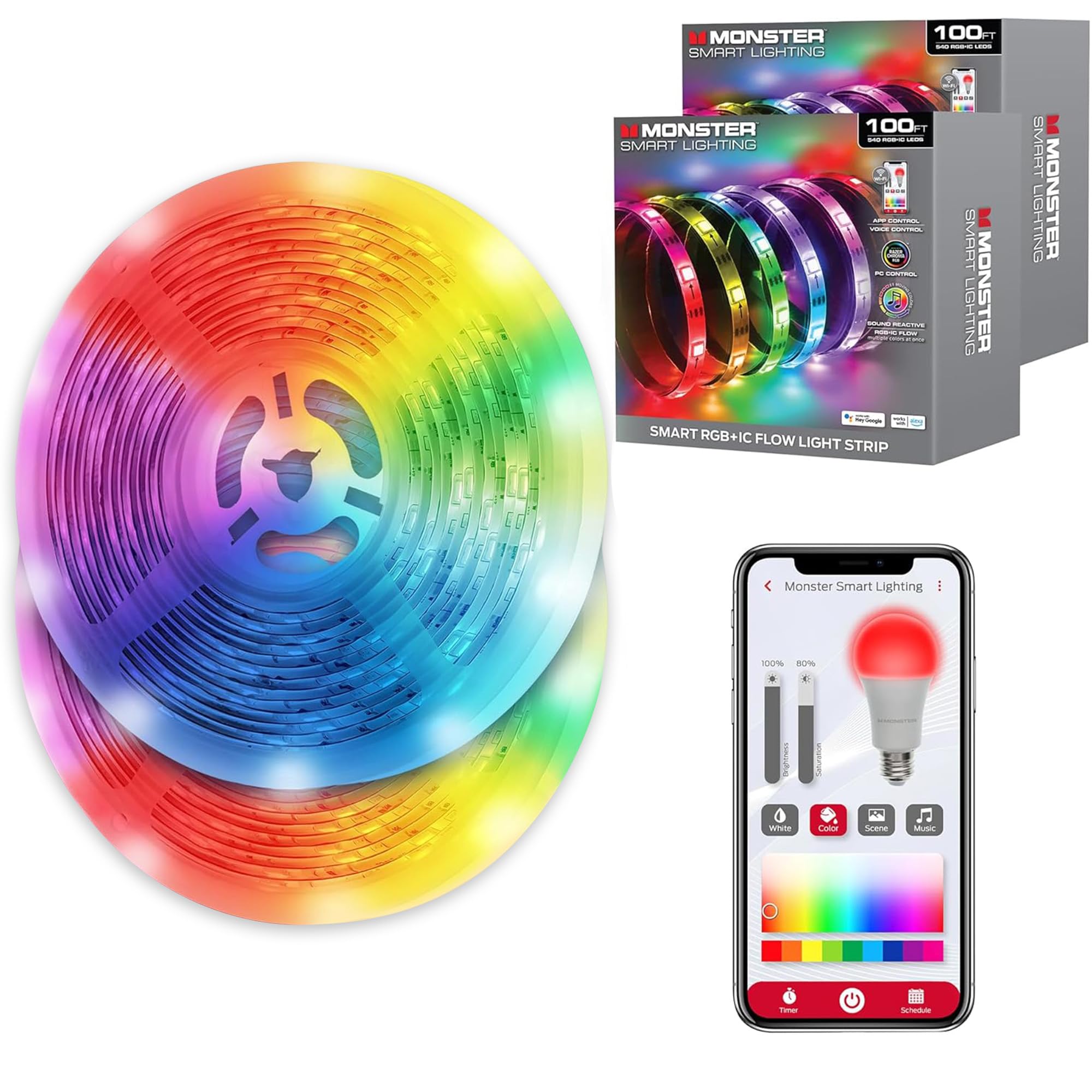 Monster Smart RGB+IC LED Band Lights 200ft - Sound Reactive Band Lights for Bedroom  App & Voice Control  RGB Light Band for Room  Alexa Google Home  Razer Chroma Sync - 1080 RGB+IC LED Lights