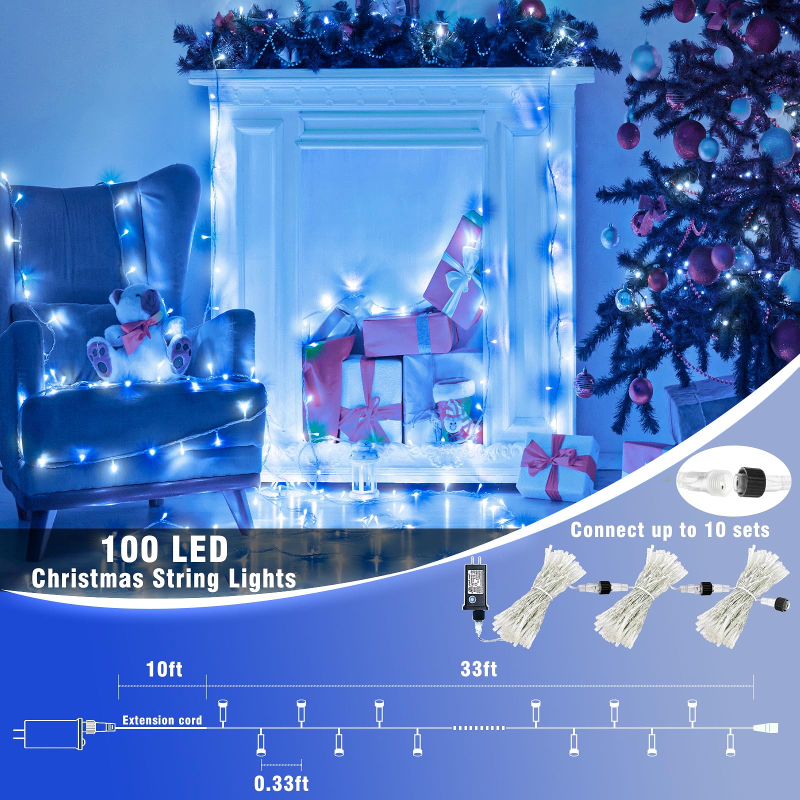 100 Led Christmas Lights Outdoor - 33Ft Christmas String Lights 8 Modes Plug In Waterproof Twinkle Fairy Lights With Timer Memor