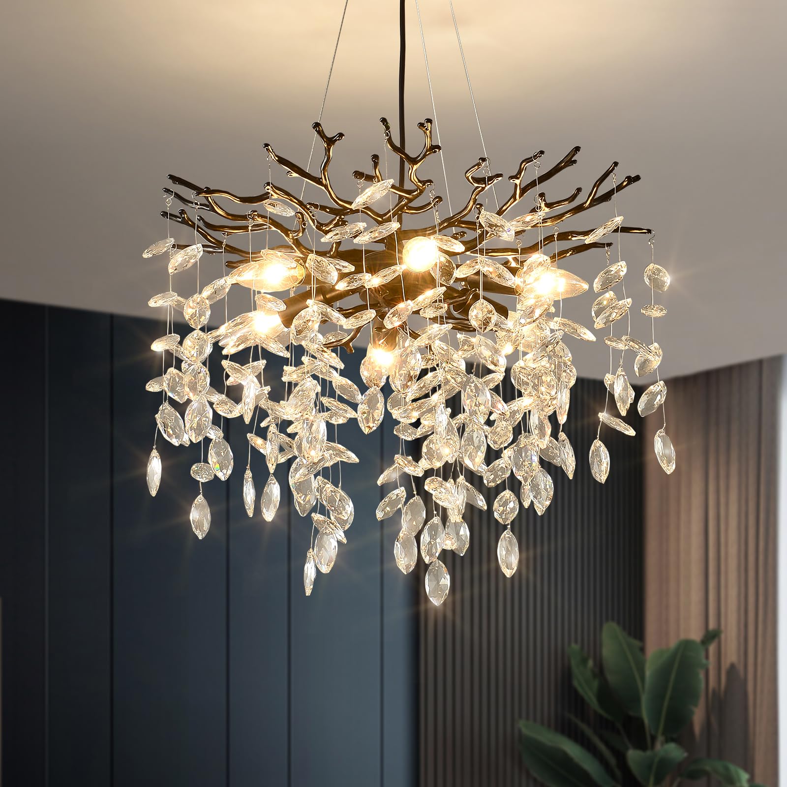Egm Black Tree Branch Crystal Chandelier, 18 Inch Modern Dining Room Crystal Chandelier 6-Light(E12), Hanging Round Chandeliers 