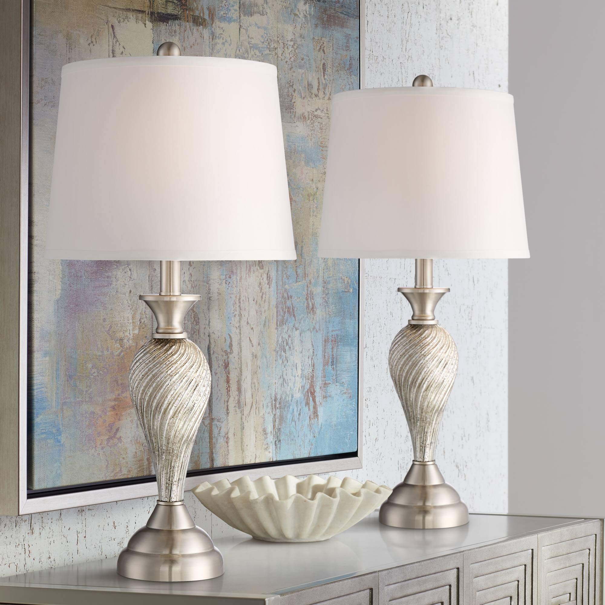 Regency Hill Table Lamps Set Of 2, 25 High Silver Mercury Glass With White Hardback Shade For Living Room, Bedroom, Home Office