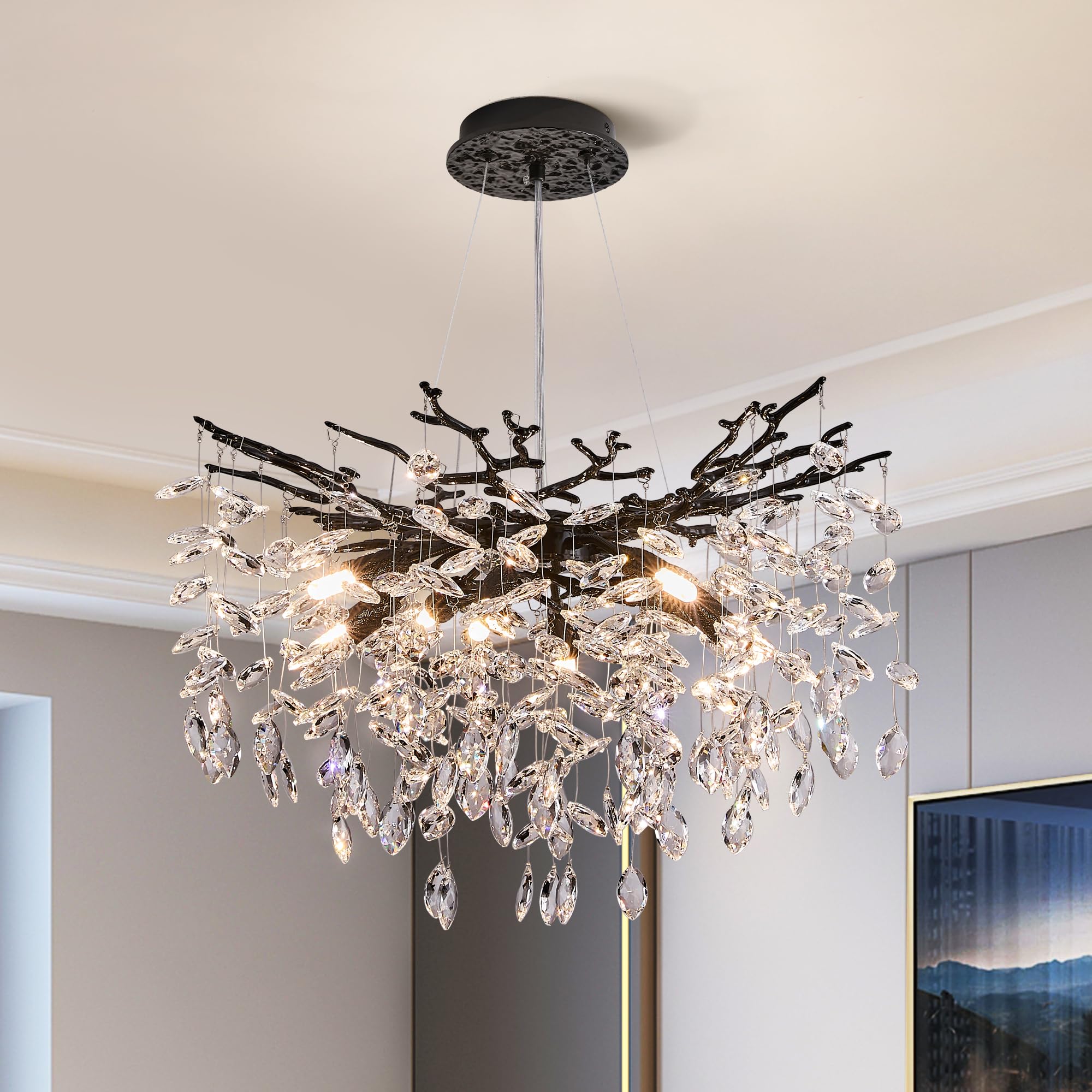 Modern Tree Branch Crystal Chandelier Luxury Blacl Crystal Pendant Lighting 23.6'' Contemporary 8-Light Chandeliers for Dining R