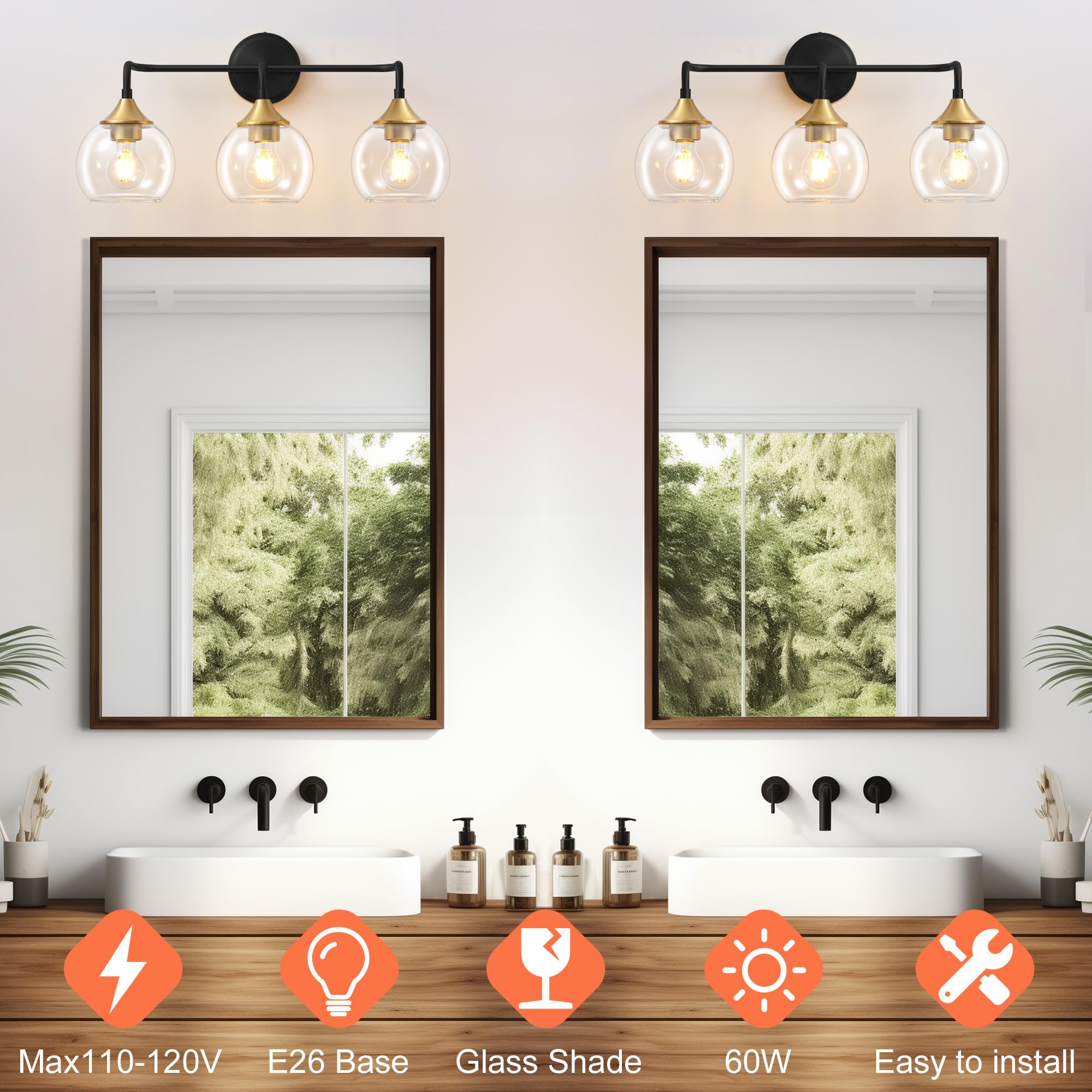 Gednbo 3-Light Bathroom Vanity Light Fixture, Black and Gold, Clear Glass Shade, 22 inch, Model G1796