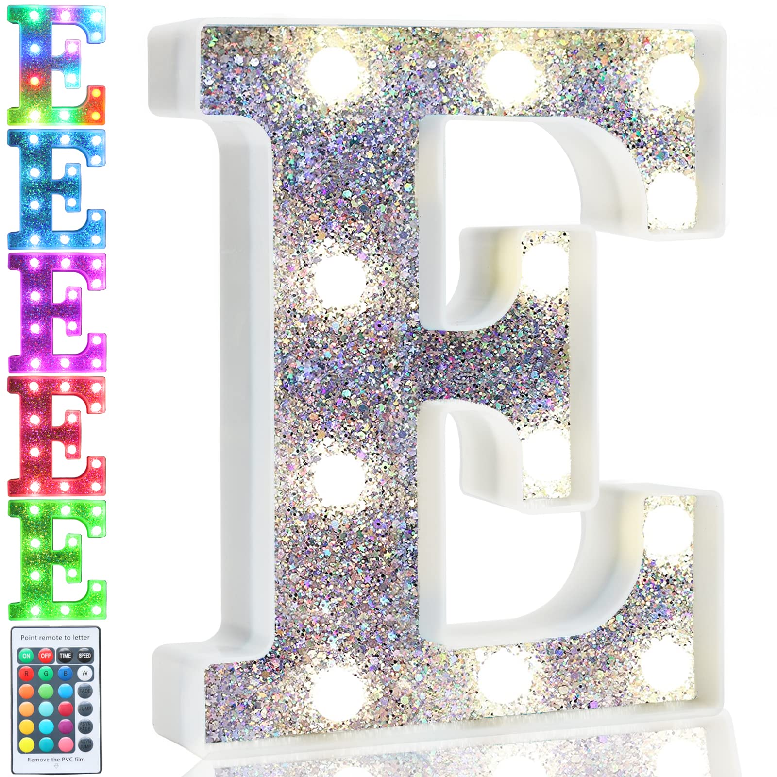 Pooqla LED Marquee Letter Light, Colorful Glitter Night Light, Model S-RGB Silver-E, Battery Operated, Multicolor for Parties & Decor